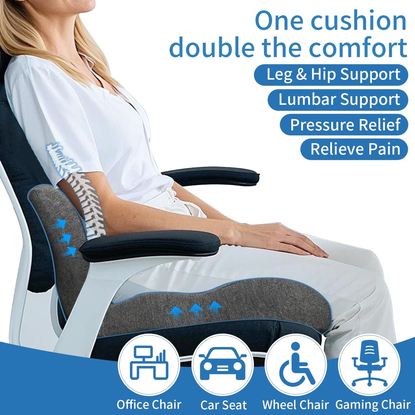 Seat Cushion,Car Seat Cushion with Lumbar Support for Back Pressure Relief,Office Chair Cushion with Adjustable Strap,Sciatica Pad Cushions for Car,Truck, Desk,Gaming Chair
