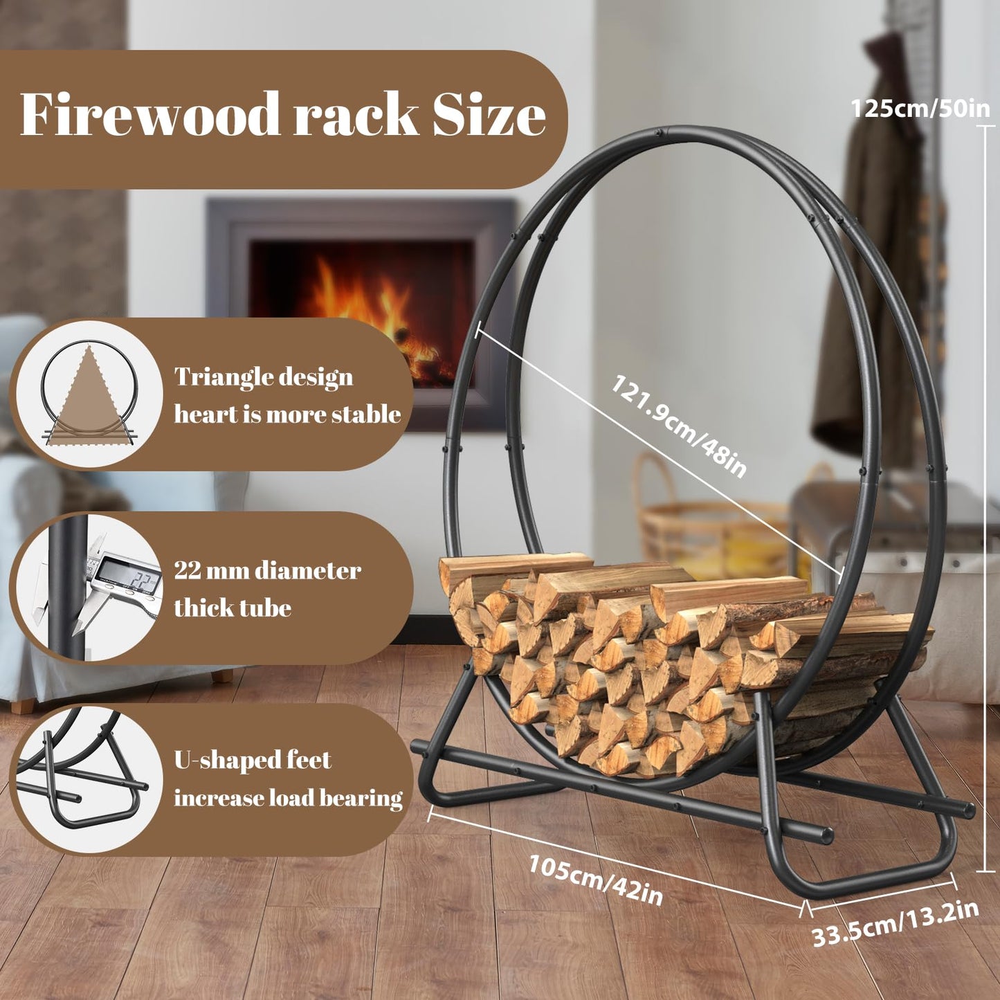 YSEJOMP Outdoor Firewood Circle Rack- Metal Pipe Ring,Sturdy & Durable Firewood Holder for Indoor/Outdoor Use,Space-Saving Design for Fireplace,Campfire or Backyard Storage (48 inch diameter circle)