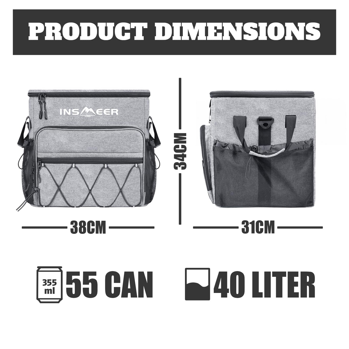 INSMEER 55 Cans/40L Soft Cooler with Wheels - Leakproof/Insulated/Portable Rolling Cooler Bag with All-Terrain Cart, Large Travel Coolers for Beach, Camping, Grocery Shopping