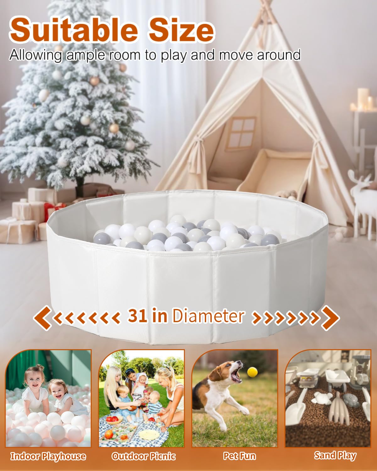 Foldable Ball Pit for Toddlers Babies Dogs Cats Infant Children, Ball Pool with Storage Bag for Boys Girls, 31 Inch Beige (Balls Not Included)