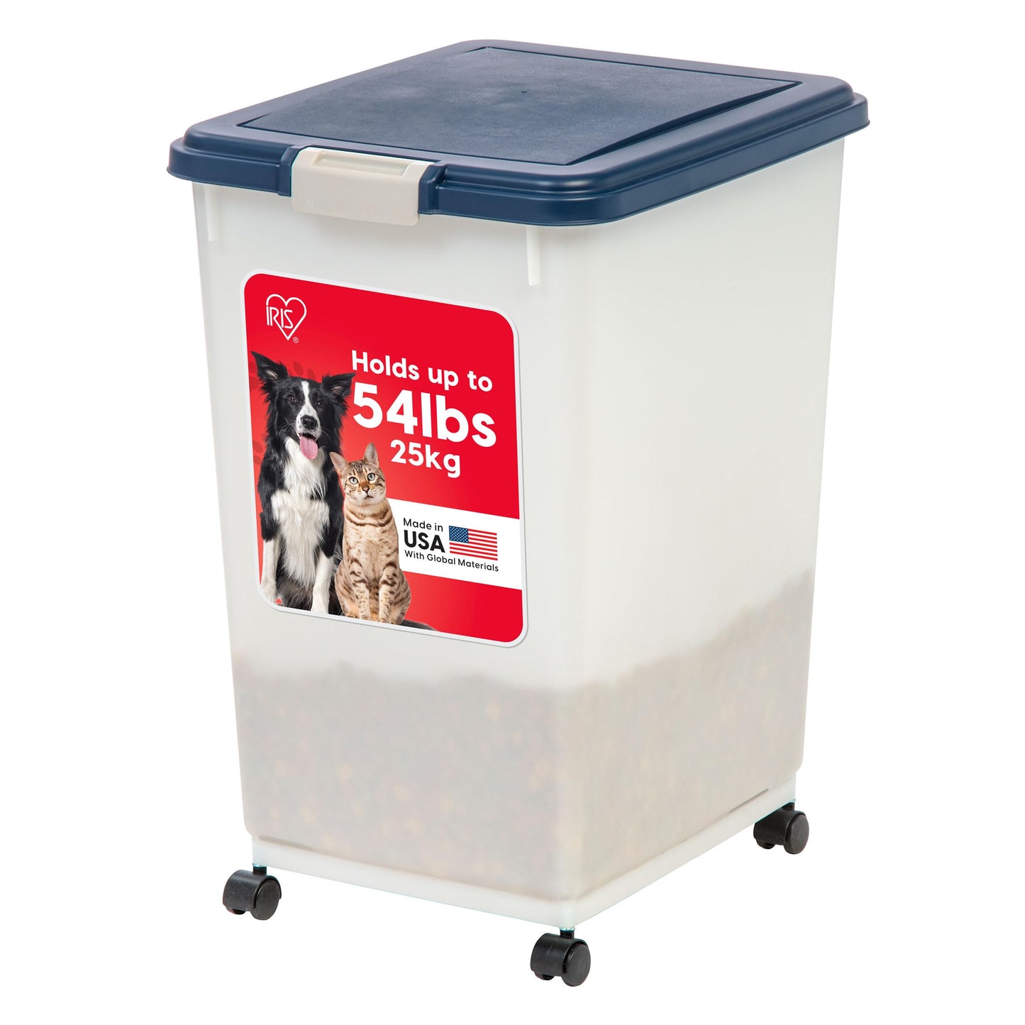 IRIS USA Airtight Dog Food Storage Container, Up to 24.5 Kg, Attachable Wheels, for Dog Cat Bird and other Pet Food Storage Bin, Keep Fresh, Easy Mobility, BPA Free, Navy/Pearl