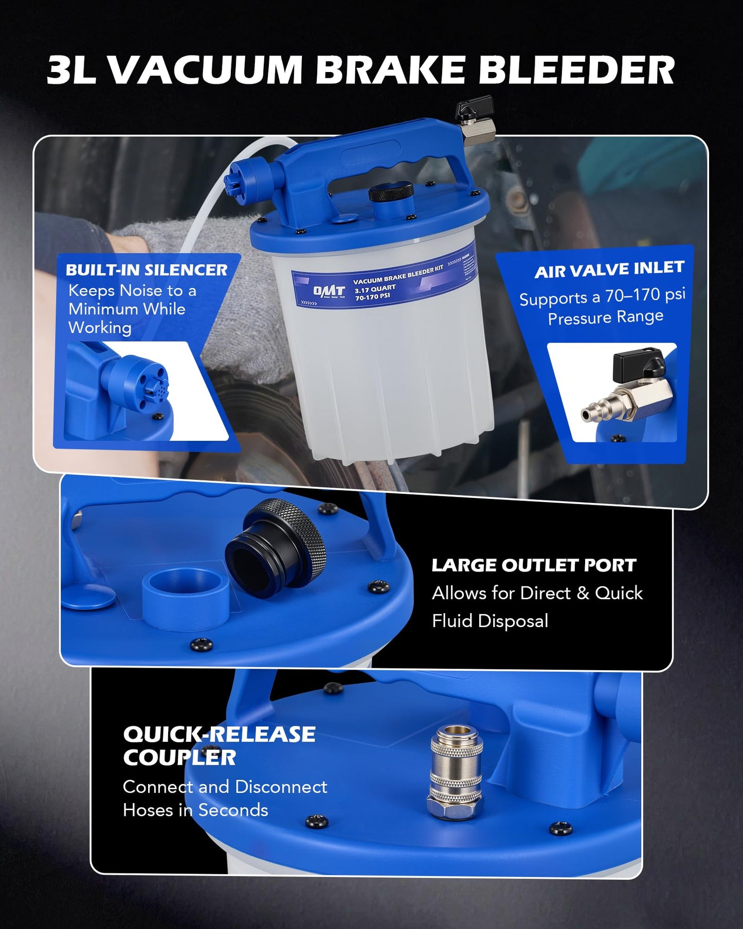 Orion Motor Tech 3L Vacuum Brake Bleeder Kit, Pneumatic Brake Fluid Bleeder Kit with 3.2 qt Brake Fluid Extractor 1L Refilling Bottle 20 Adapters, One Person Brake Bleed Fluid Pump Brake Bleeding Tool