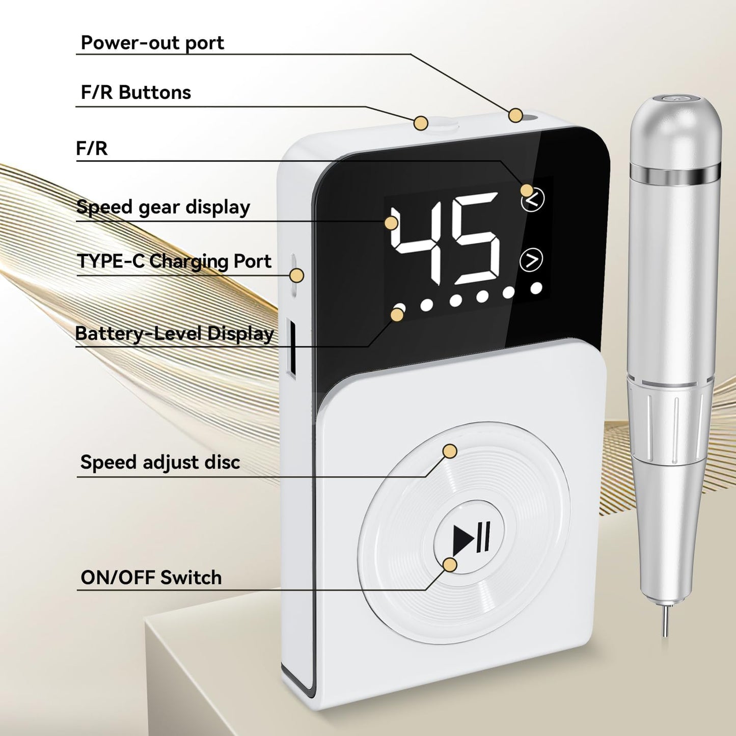 Cadrim Electric Nail Drill Professional 45000RPM, 2025 Upgraded-Speed Control Disc,Rechargeable Electric Nail File for Acrylic Gel Nails, Portable Nail Drill Kit, Efile Nail Machine for Salon Home