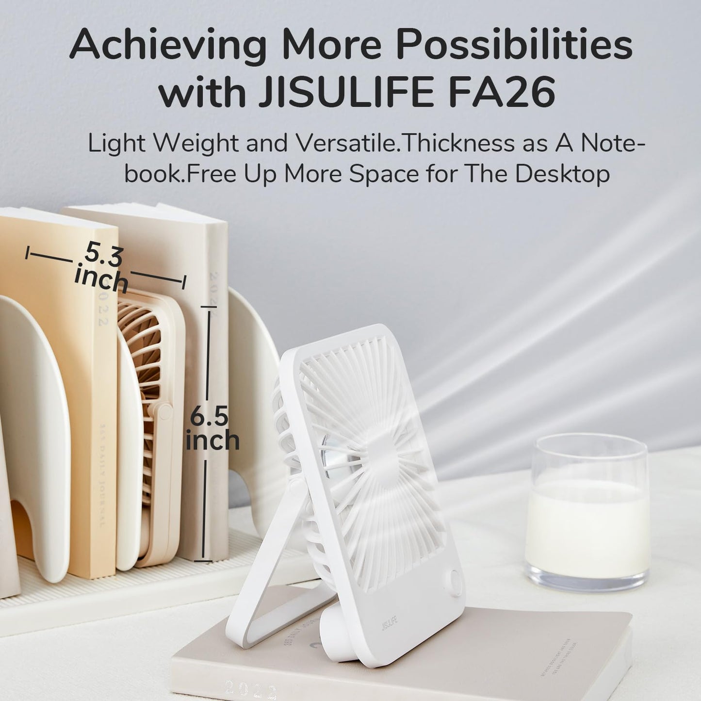 JISULIFE Desk Fan Battery Rechargeable, 4500mAh 180°Foldable Portable Personal Fan, 4 Speeds Adjustable Long Battery-life for Home Office Travel Outdoor-White