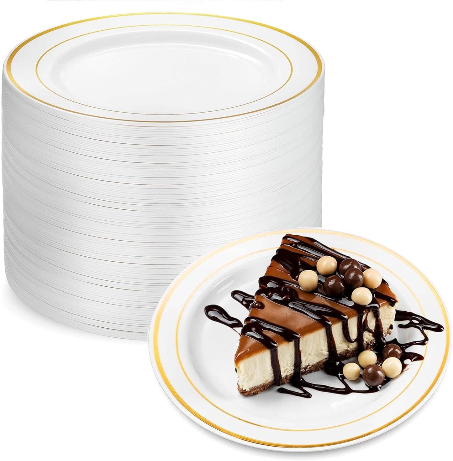 50 Piece Gold Round Plastic Plates, Premium Gold Trim Disposable Plastic Salad/Dessert Plates Ideal for Weddings and Parties (7.5 Inch)