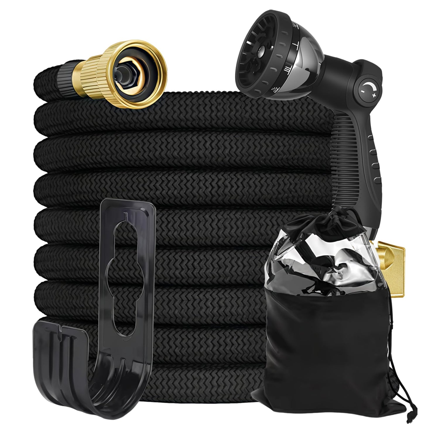 100FT Garden Hose – Expandable Garden Hose with10 Pattern Spray Nozzle, Aluminum Alloy Copper Plated 3/4 inch Connector – Lightweight, Durable, and Kink-Free, Retractable Water Hoses Black