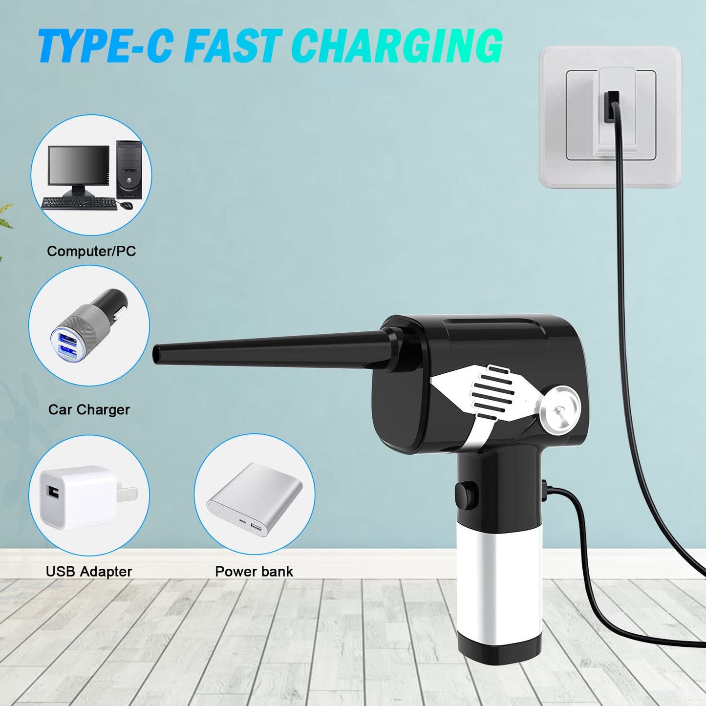 Compressed Air Duster - Powerful Electric Air Duster 40000RPM for Cleaning Keyboard, PC & Camera, 3 Gears Adjustable Rechargeable Cordless Jet Dry Blower Air Blower for Office & Home