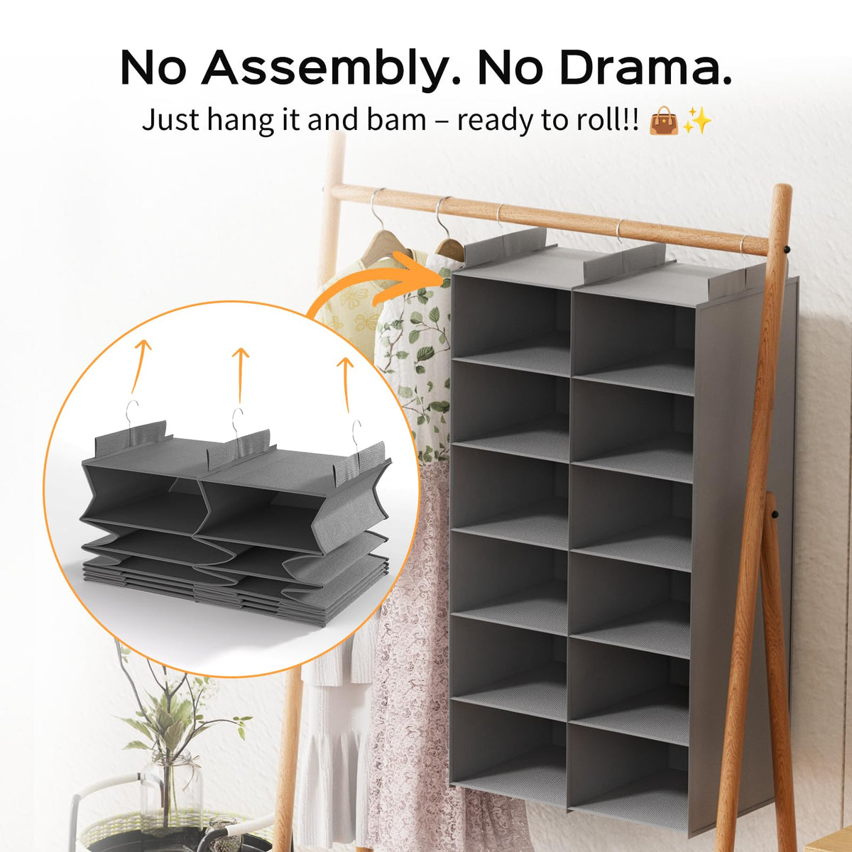 ALLTIDYUP Dual-Row Hanging Closet Organizer – Foldable Clothes Storage Shelves with 3 Hooks, Space-Saving Wardrobe Organizer for Dorm Rooms, Bedroom or Closet (Grey, 6 Tier)