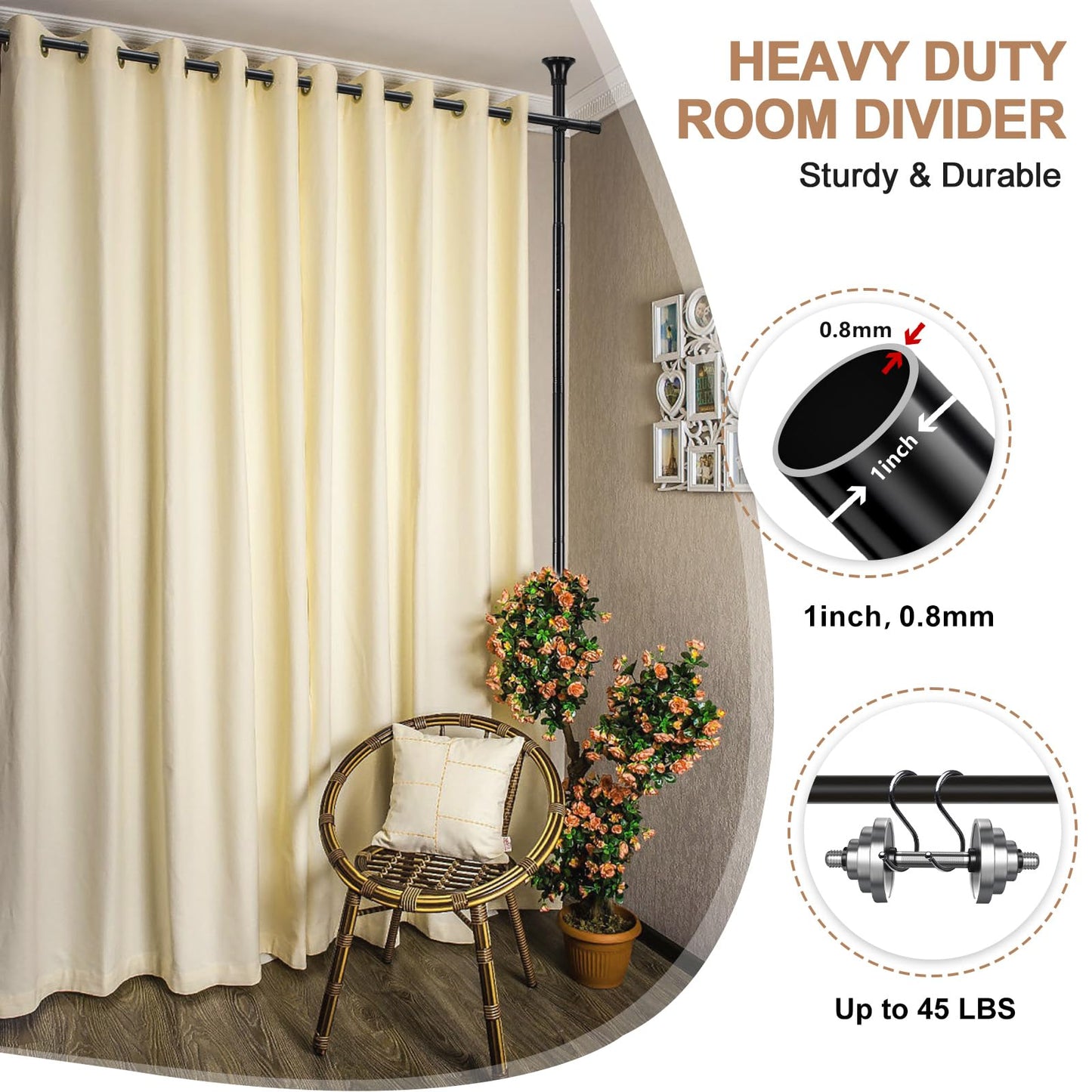 Room Divider Rod, Curtain Rod No Drilling Partition Room Dividers Tension Rod, 4-10ft (H) 48-72inch(W) Floor to Ceiling Room Black