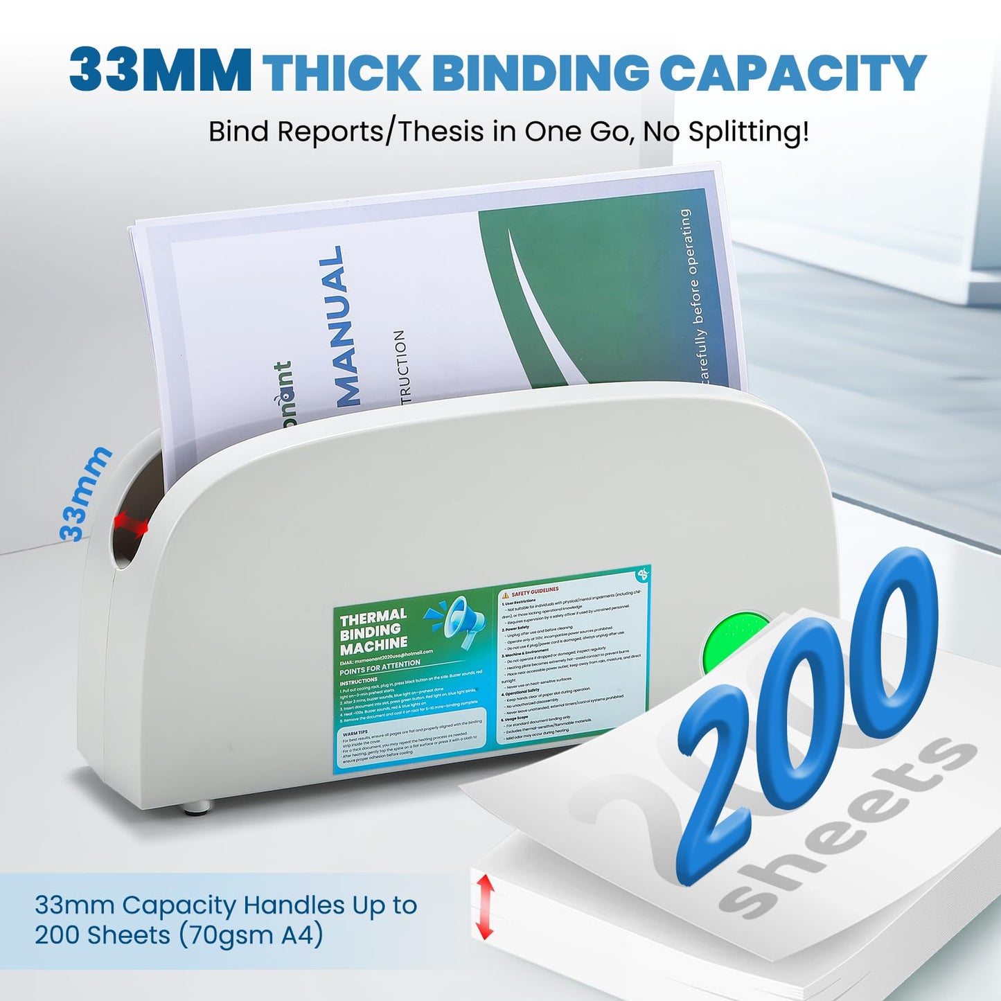 Mxmoonant Thermal Binding Machine for A4 A5 Letter Paper, 33mm Max Thickness, 3-Min Preheat, Compact Design with Cooling Rack, Includes 5 Thermal Covers – Ideal for Home Office School Projects