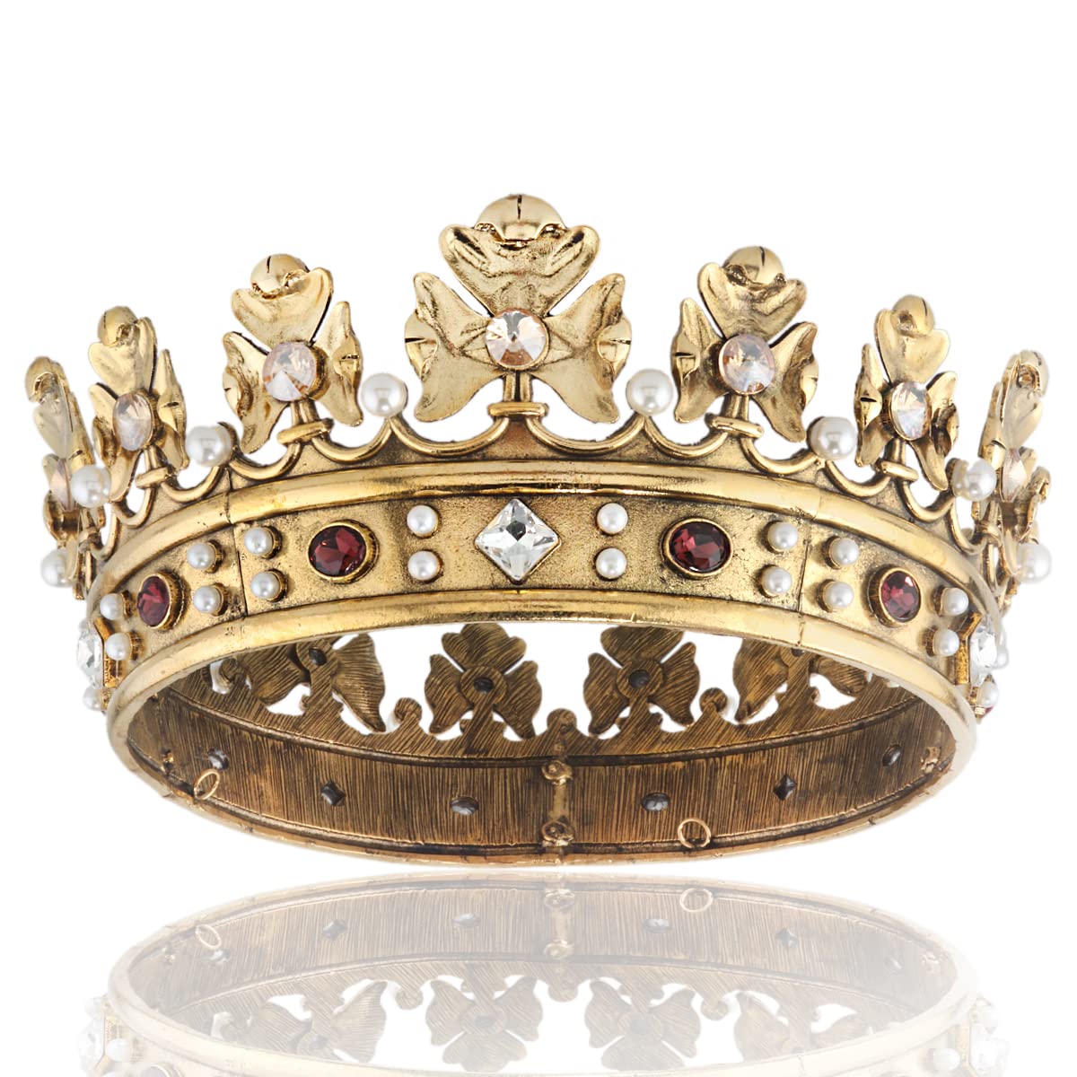 YADIRF Baroque Royal Crown Men's Metal Prince Hair Crown Full Circle Birthday Party Hair Accessories For Halloween Costume Party Prom, Large Size 7.28" Diameter, Pearl, Rhinestone, Alloy