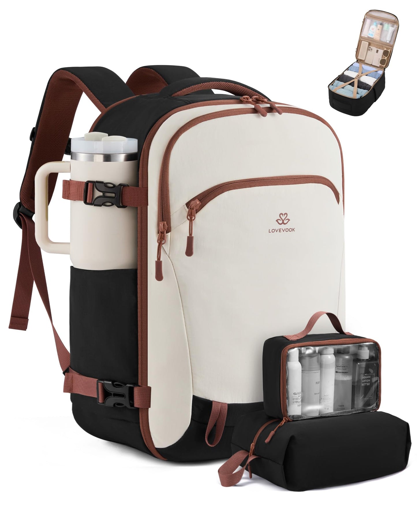 LOVEVOOK Travel Laptop Carry on Backpack for Women Airline Approved Personal Item Bag,3Pcs, White & Brown & Black, 40L-4PCS, Travel Backpacks
