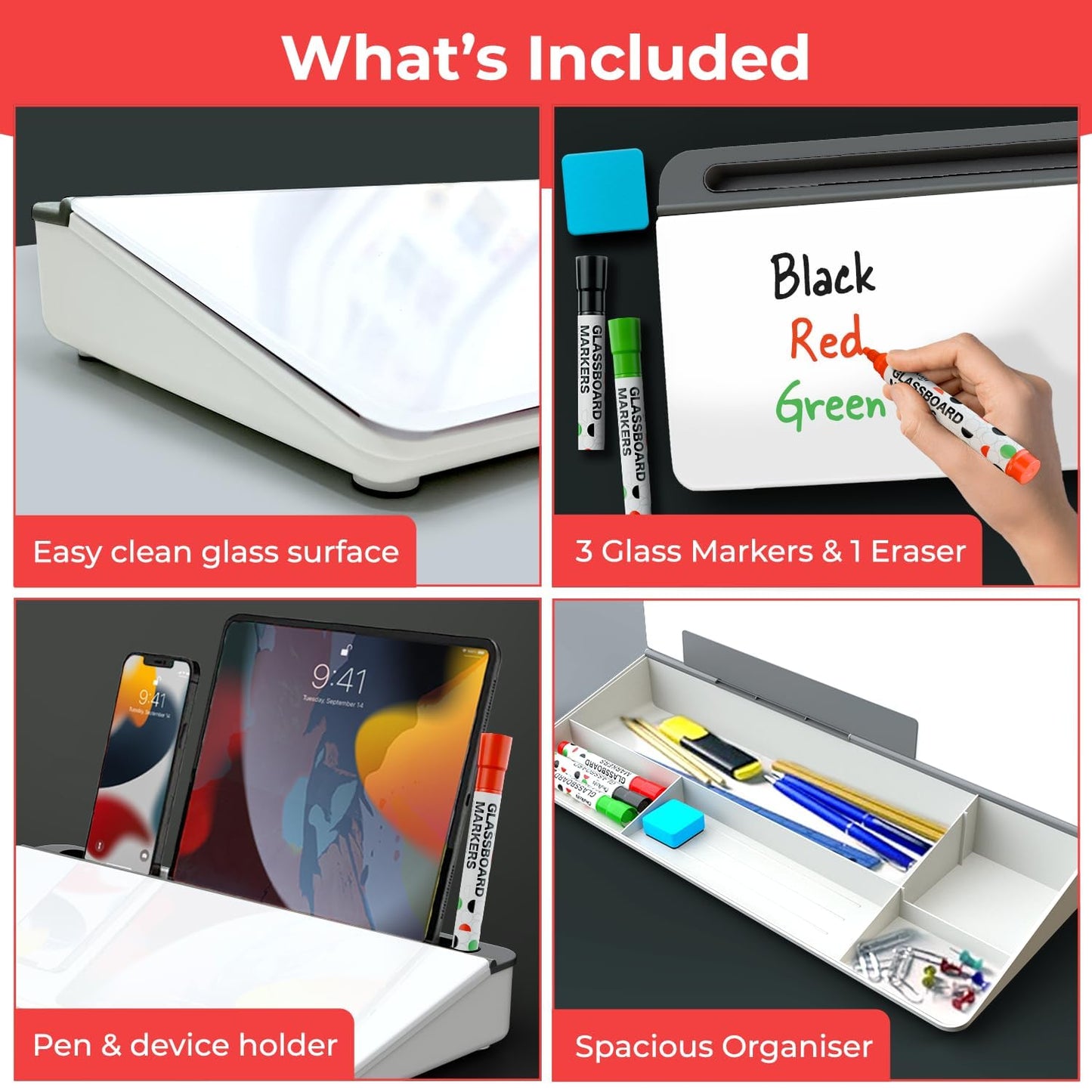 Chalkola Glass Desktop Whiteboard with Storage - Dry Erase Board, Work Desk Organizers, Computer Keyboard Stand, Home Office Desk Accessories, Small White Board, Workspace Desktop Buddy + 3 Markers