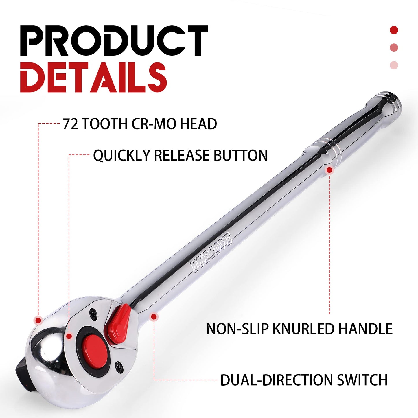 UYECOVE 1/2 Inch Drive Ratchet Wrench, 1/2 Ratchet Wrench Long Handle, Socket Wrench, 72-Tooth Quick-Release Reversible Cr-Mo Head, Chrome Steel Made - 15''38cm