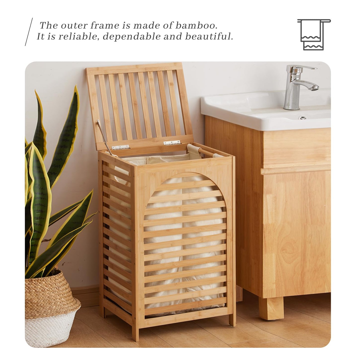 Laundry Hamper with Lid,Bamboo Large Waterproof Clothes Laundry Basket,Removable Washing Bags with Handles,clothes basket (Natural)