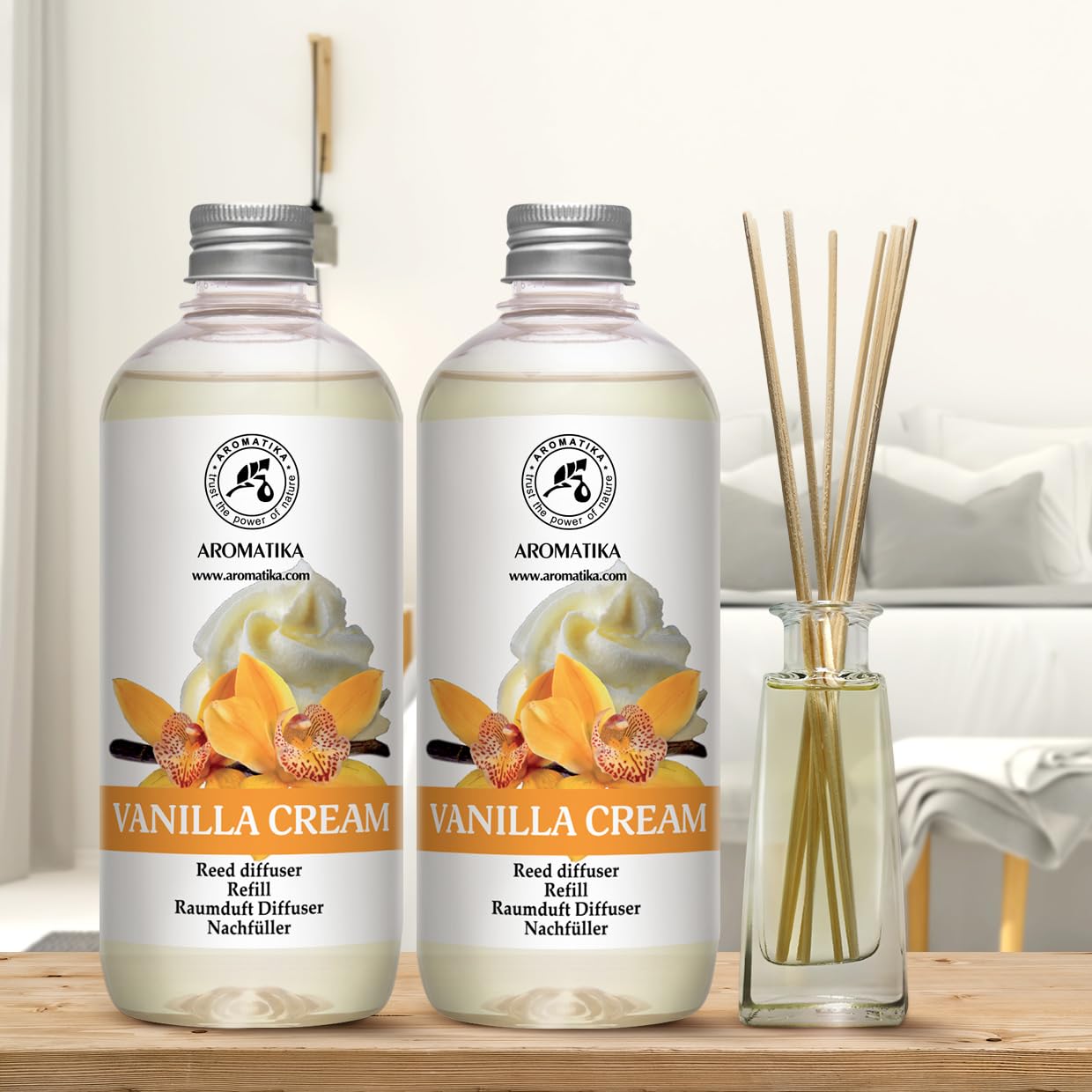 Reed Diffuser Refill Vanilla Cream - 2 x 500ml - Long Lasting Fragrance - Oil Refill for Aromatherapy - Home and Office Scent - Restaurant - Fresh Aroma