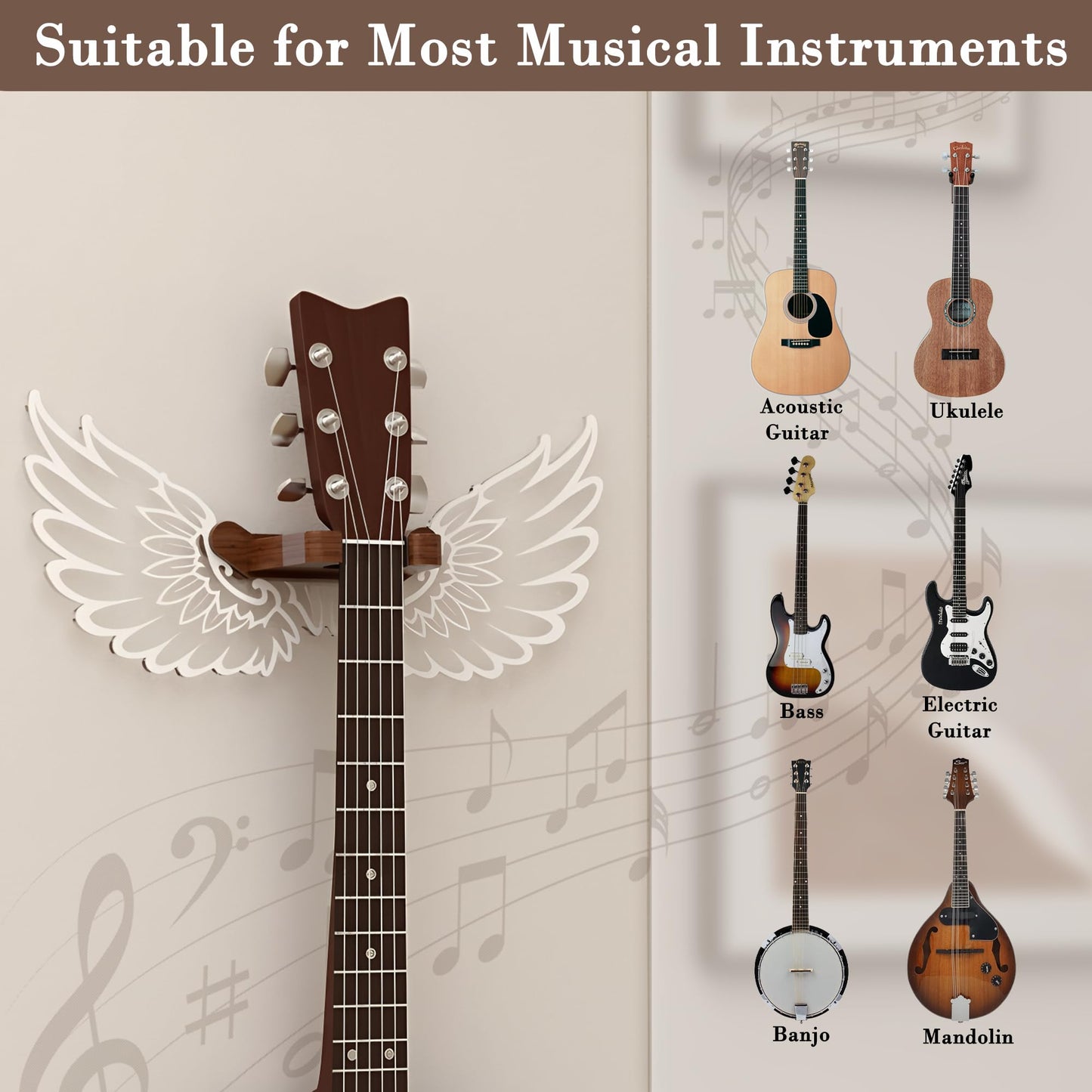 CoolGift Mart Guitar Stand Wall Mount with Luminous Angel Wings, Acrylic Wooden Guitar Hanger Shelf with USB Powered, for Acoustic Electric Bass Ukulele, Gift for Music Lovers Guitar Players