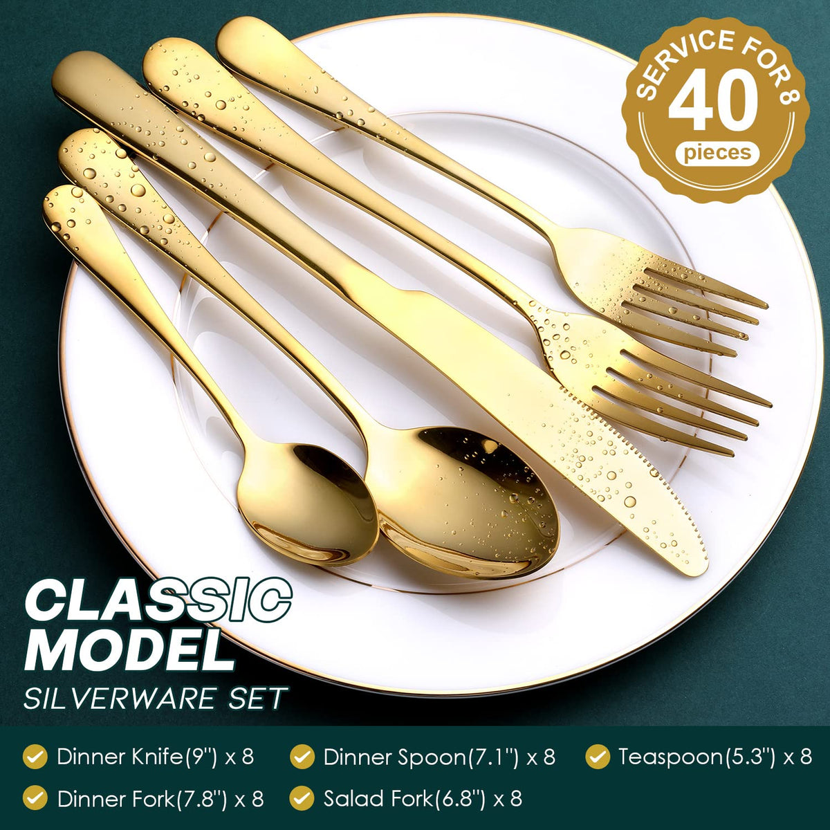 Gold Flatware Set, OGORI 40-Piece Food Grade Stainless Steel Gold Silverware Set Service for 8, Mirror Polished Cutlery Utensils Set Include Knife/Fork/Spoon, Dishwasher Safe
