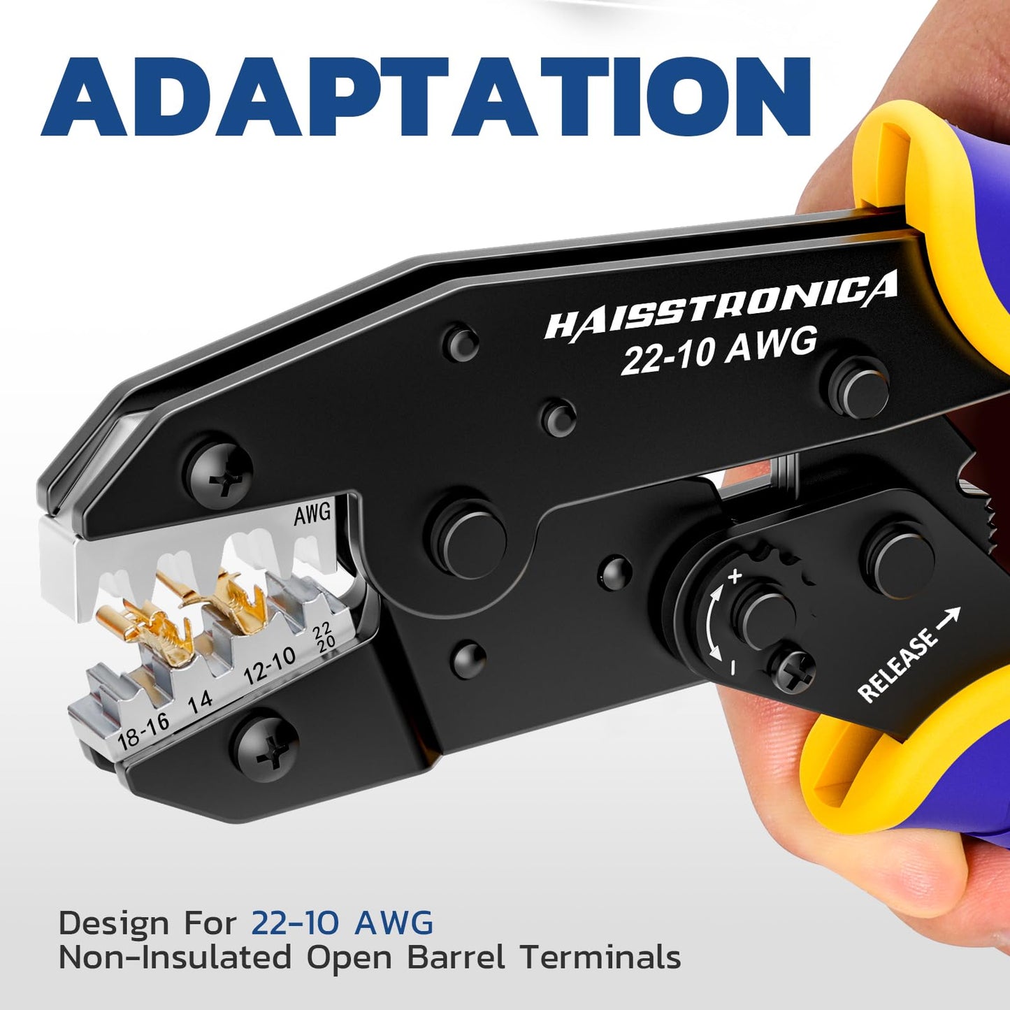 Haisstronica Crimping Tool for Non-Insulated Open Barrel Terminals Receptacles,AWG 20-10 Ratchet Wire Crimper Tool,Wire Terminal Crimper HS-5327