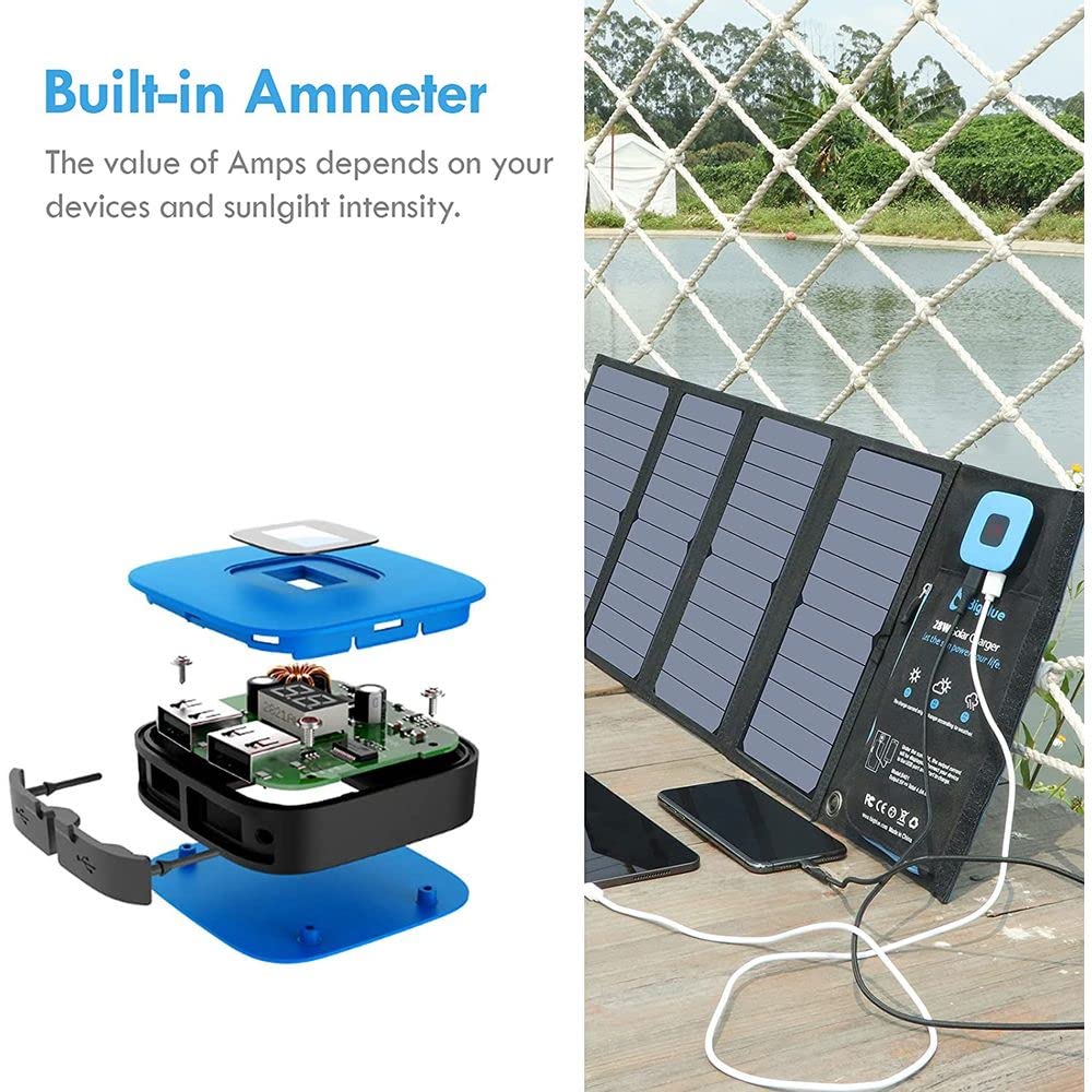 BigBlue Portable Solar Charger 28W with Digital Ammeter,25.4% High-Efficiency, USB-A/USB-C Ports, Folding Waterproof Solar Panels with Carabiners for Camping, Backpacking, Phones, Tablets, Power Bank