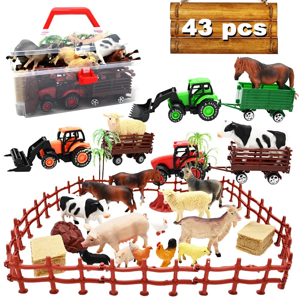 3 Pack Farm Toy Tractor with 40pcs Plastic Farm Animals Figurines and Fence Farm Playset, Farm Figures Farmer Vehicle Toy Truck with Trailer for Kids Boys Girls Toddlers