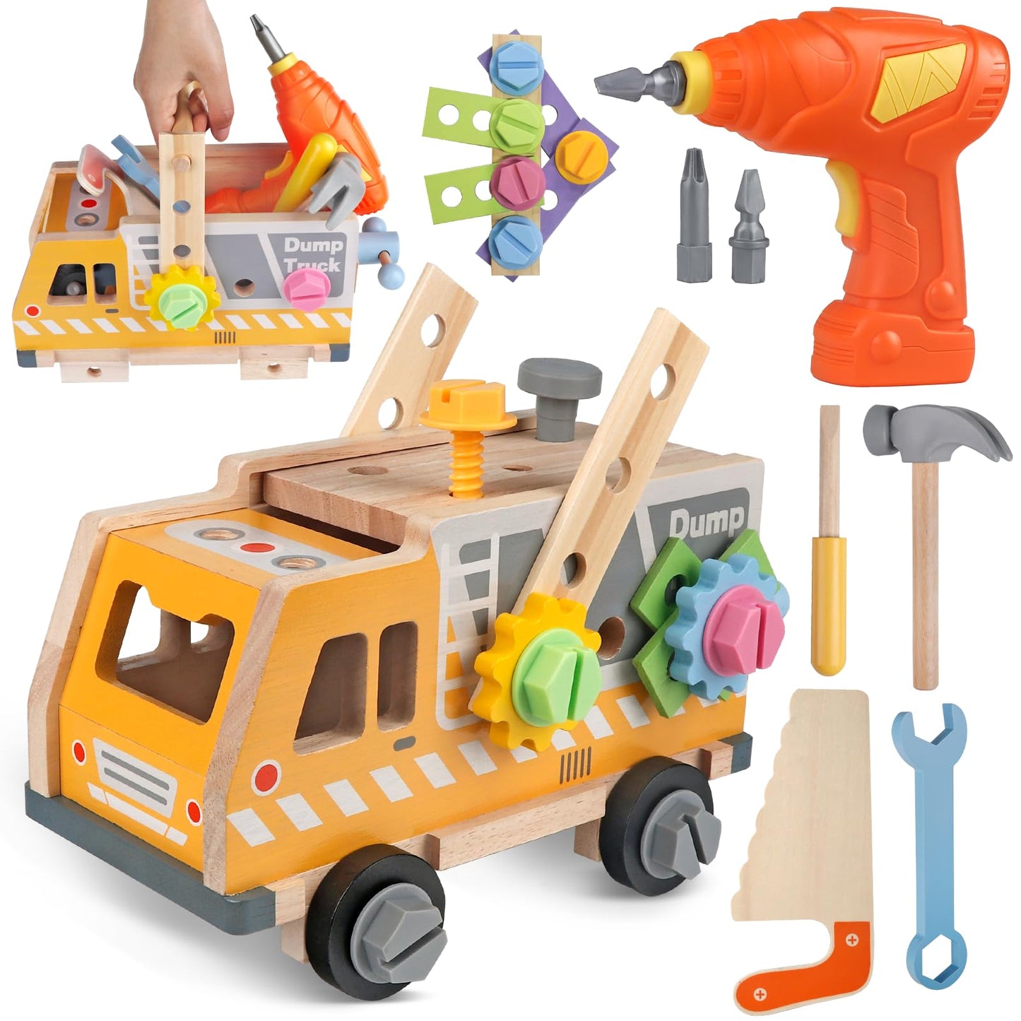 Aliex 38PCS Kids Wooden Truck Tool Set with Toy Drill for Toddlers Ages 3 4 5 6 ,Montessori STEM Educational Learning Construction Workbench Pretend Play Tool Kit,Birthday Sensory Gift for Boys Girls