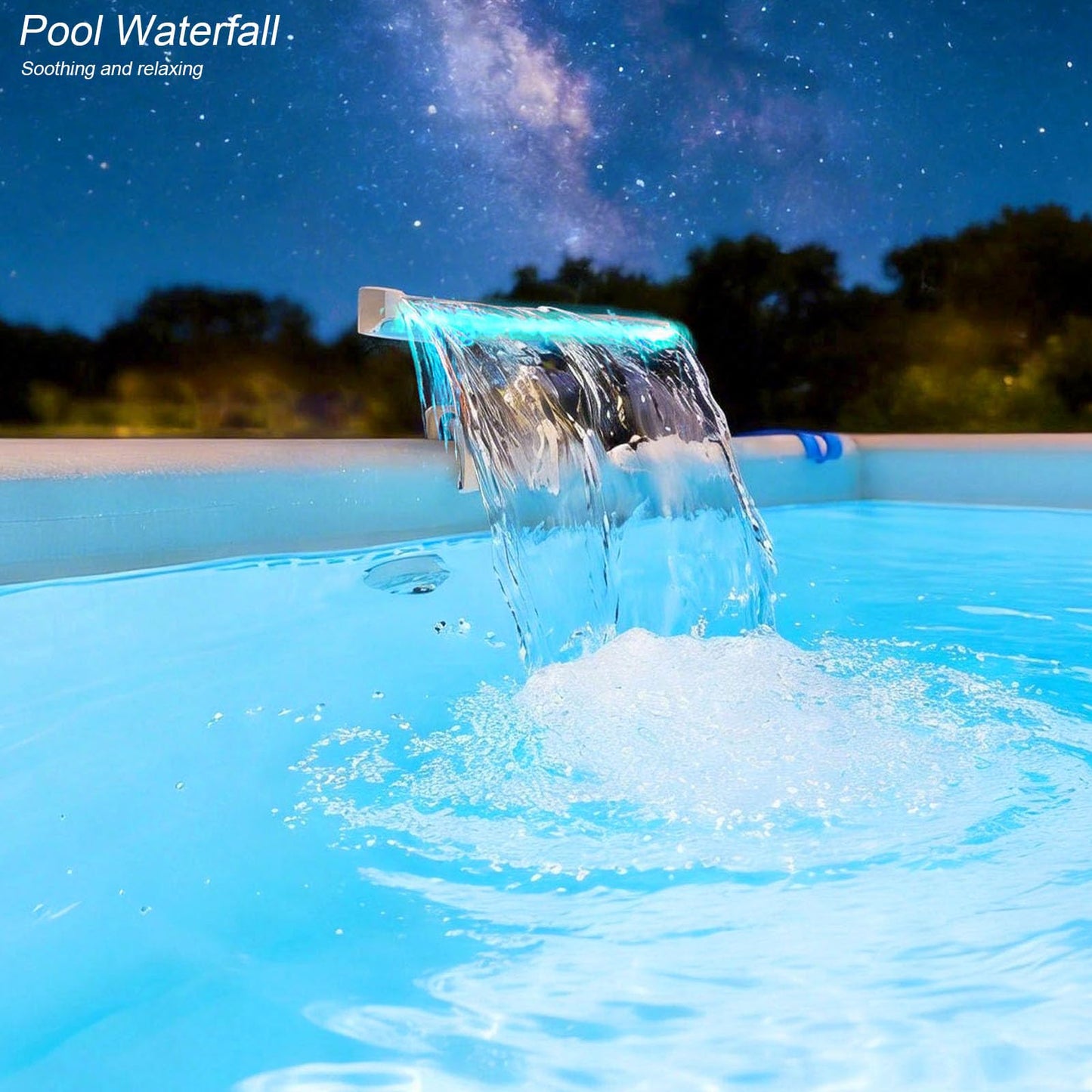 Pool Waterfall with 7-Color LED Lights, Swimming Pool Waterfall Fountain for Above Ground Pools, Smooth Flowing Waterfall with Light for Relaxation, Adjustable Width Fits 1.2" to 4.7" Frames