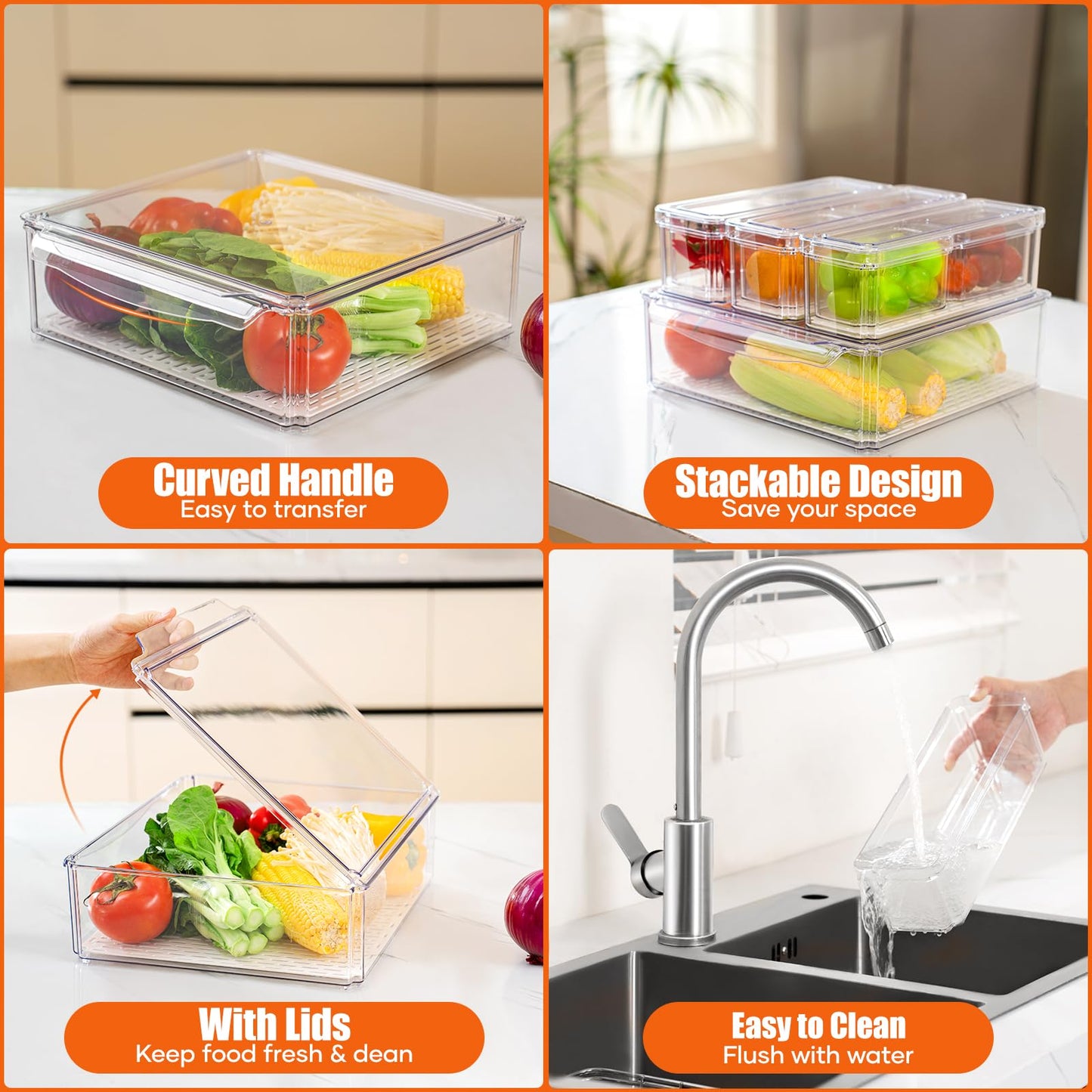 10-Pack Fridge Organizers and Storage - Stackable Refrigerator Bins with Lids, BPA-Free Clear Food Storage Bins, Saver Containers for Vegetables, Cereals, Fruits, Suitalble for Kitchen, Cabinets
