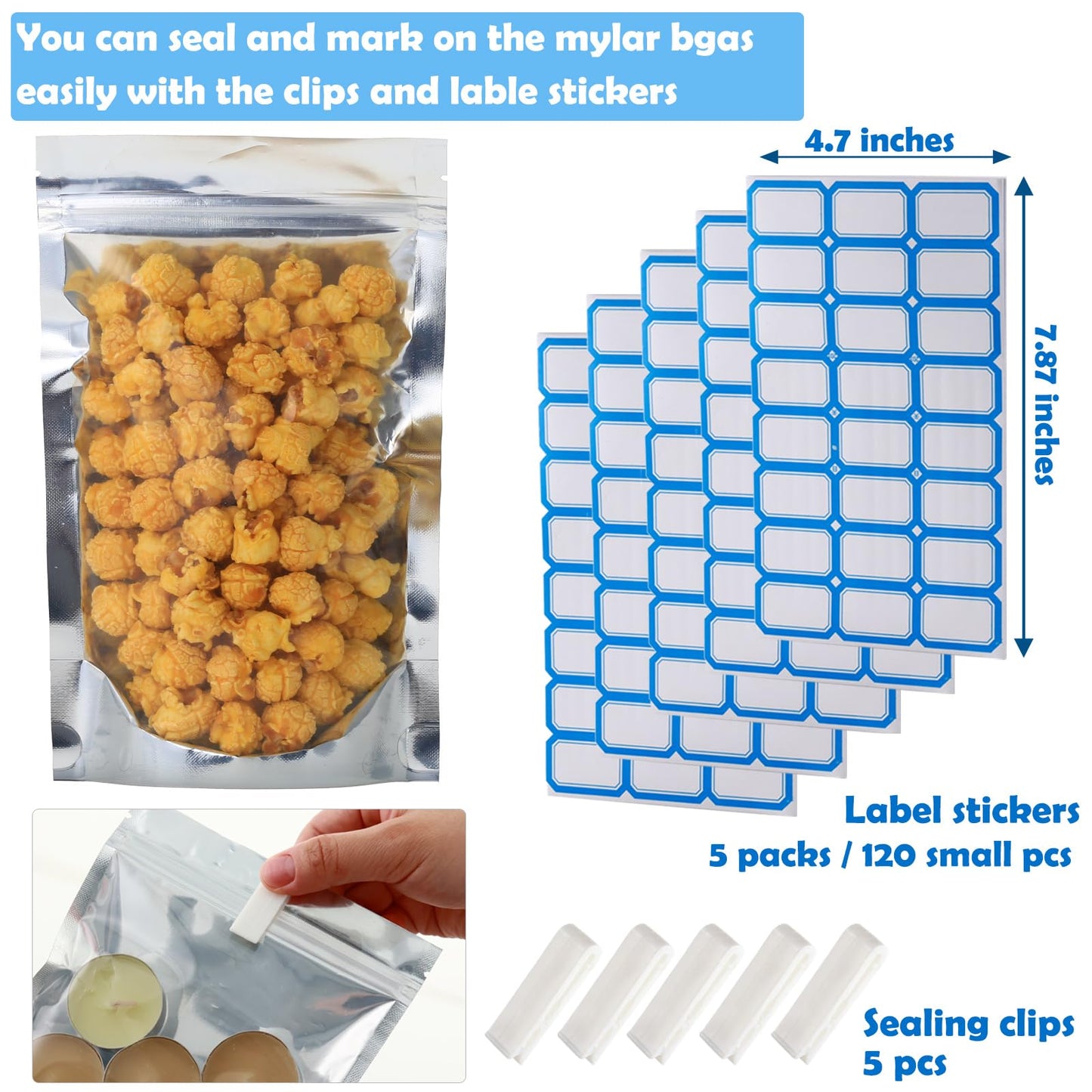 100-Pack Large Reclosable Mylar Bags for Food Storage 7" x 10" Stand Up Bags in Bulk 1 Quart Large Resealable Smell Proof Aluminum Foil Bags with Clear Window Kitchen Storage Edible Packaging