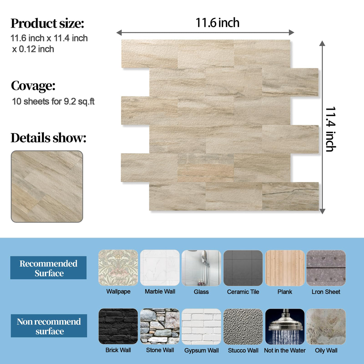 OYASIMI 10-sheet Slate Beige Peel and Stick Backsplash, 12’’Ceramic Look Subway Tile, Waterproof Peel and Stick Wall Tiles for Kitchen and Bathrrom