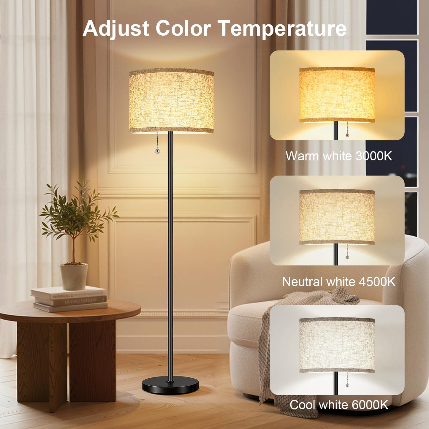 FUNNYBEHOM Floor Lamps for Living Room with 3 Color Temperatures Standing Lamp with Beige Linen Lampshade Tall Lamps for Bedroom Office, Reading, 9W LED Bulb Included, Black