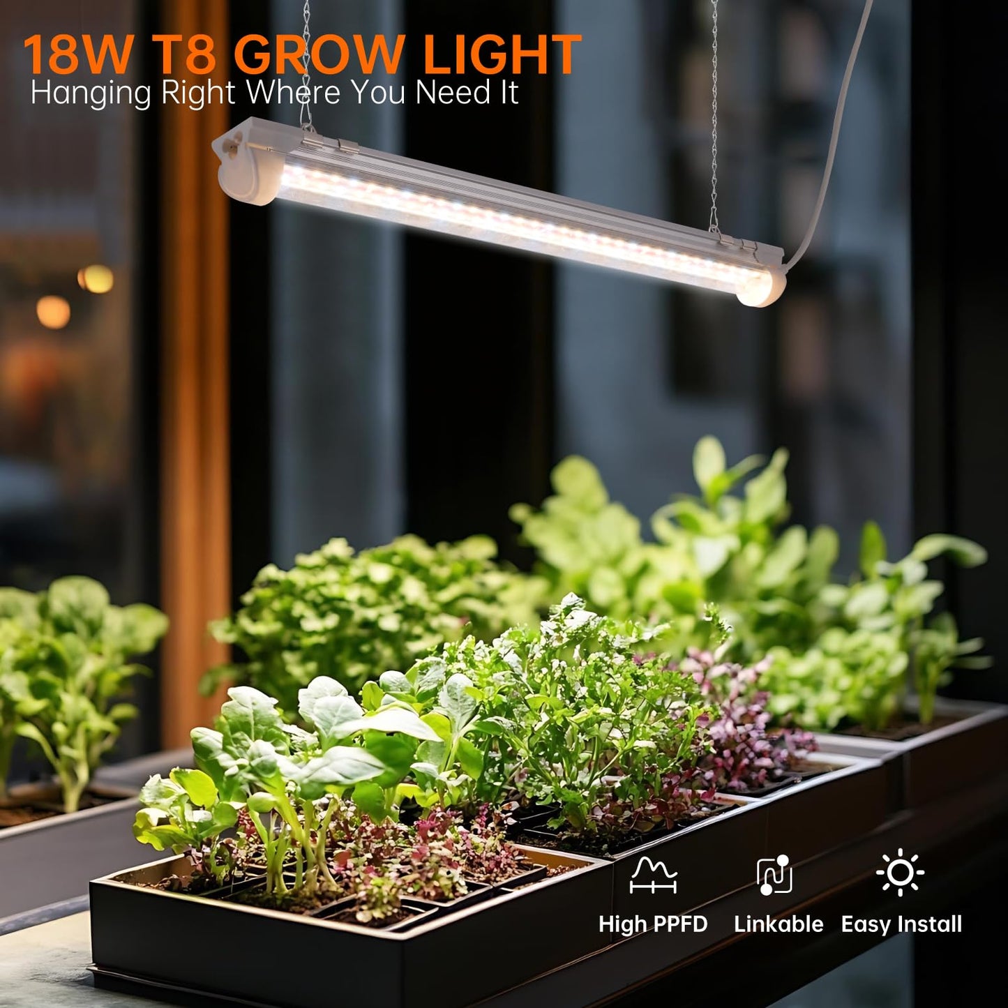Bstrip T8 Grow Light, 1.4FT 36W (2 x 18W) Plant Lights for Indoor Growing with Timer, Full Spectrum with 660nm Red LEDs, 3467K, Ideal for Indoor Plants, Greenhouse, Seeding, Linkable Design, 2-Pack