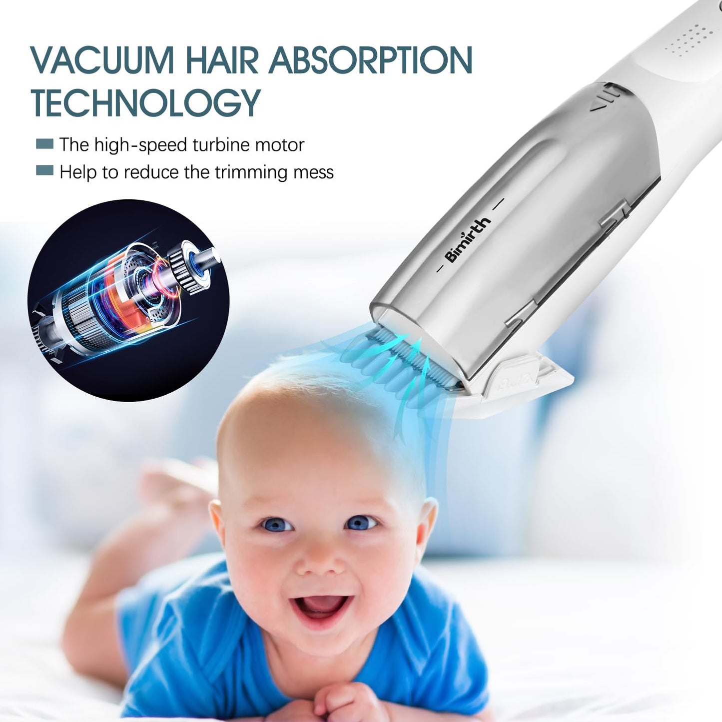 Bimirth Baby Hair Clipper, Silent Hair Clippers for Children, Quiet Kids Hair Trimmer, Cordless Toddler Haircut Machine in Bag for Easy Storage, USB Rechargeable, Waterproof, 3 Guide Combs (Vacuum)