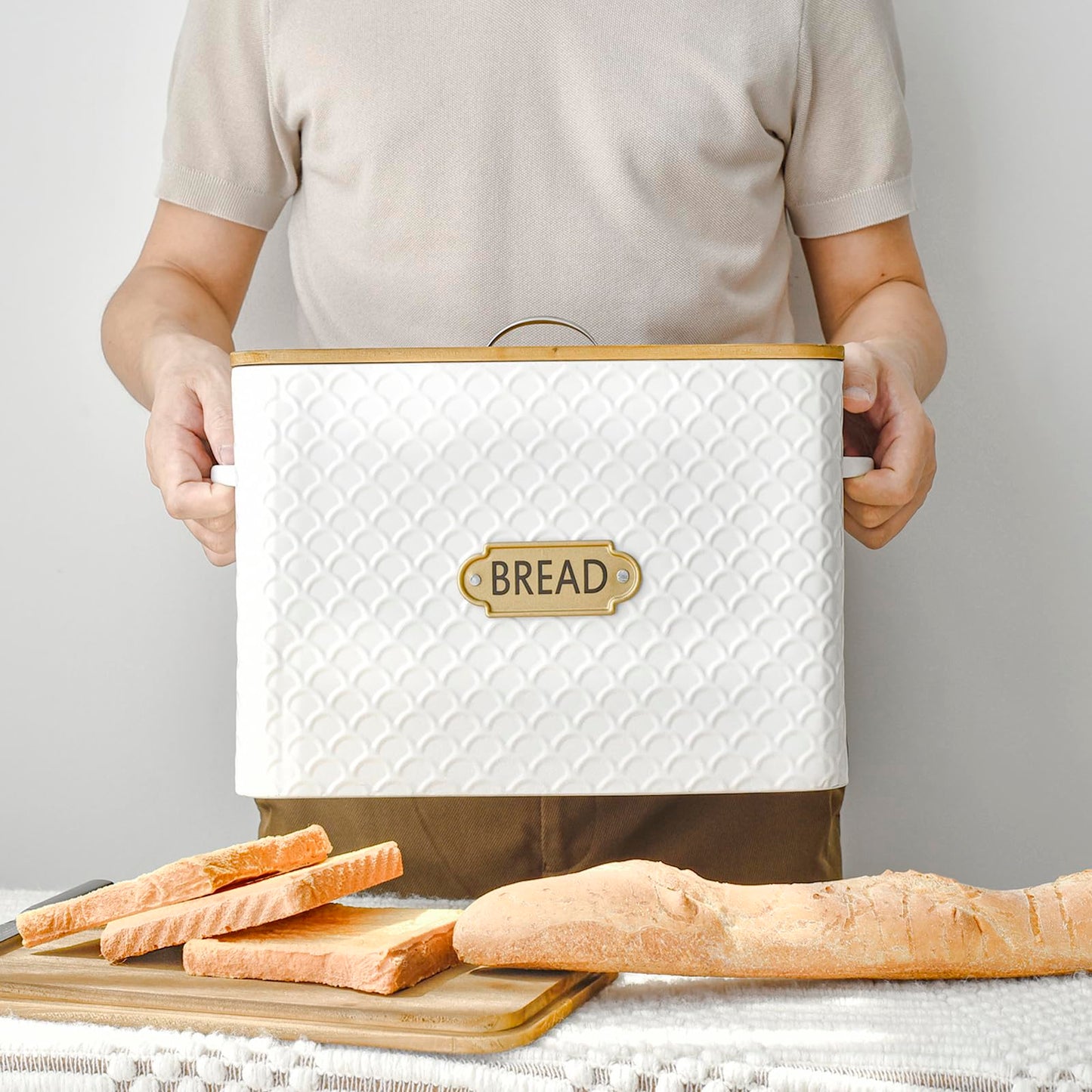EMAX HOME Extra Large Space Saving Farmhouse Bread Box With Wood Lid - Holds 2 Loaves - Vertical Breadbox Bread Storage Bin Holder for Kitchen Countertop, White