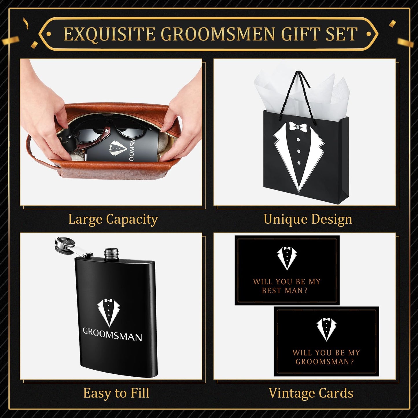 80Pcs Groomsmen Gifts Groomsmen Proposal Box with Flasks Sunglasses PU Leather Toiletry Bag Bottle Opener for Wedding Groomsman Best Man Gift (80, Brown)