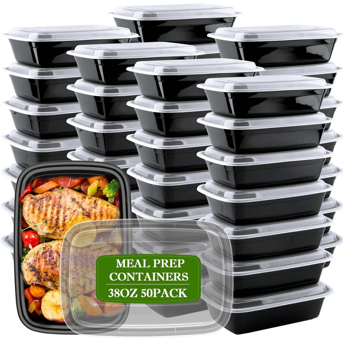 Meal Prep Containers Reusable 38oz - Food Containers with Lids 50 Pack, Disposable to Go Containers, Leakproof Food Prep Containers, Stackable, Takeout, BPA-Free, Microwave/Freezer Safe