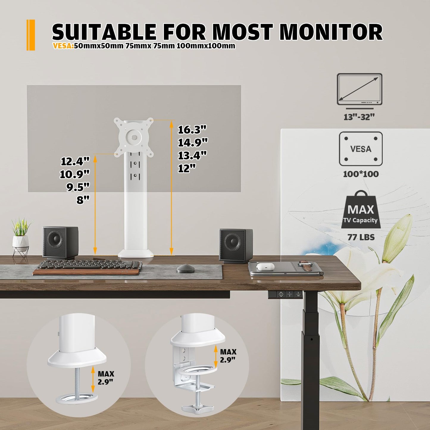 Single Desk Monitor Arm Mount Stand Fit for 13 inch to 32 inch Flat Curved Computer Screen with Swivel, Height Adjustable, Rotation,Holds up to 77lbs, White