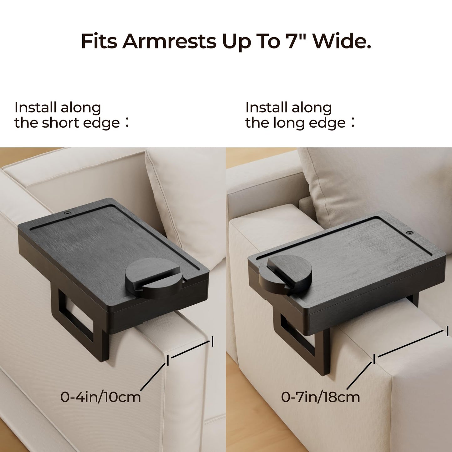 Wealone Mini Black Couch Arm Table for Narrow Armrest, Sofa Arm Tray with Storage Box, Rotating Tabletop and Phone Stand, Adjustable Sofa Arm Table Clip for Snacks or Dining, Armrest ≤7" Wide