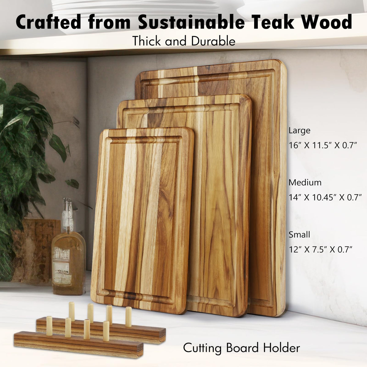 3 Pcs Teak Wood Cutting Board Set with Holder, Reversible Chopping Boards with Deep Juice Groove