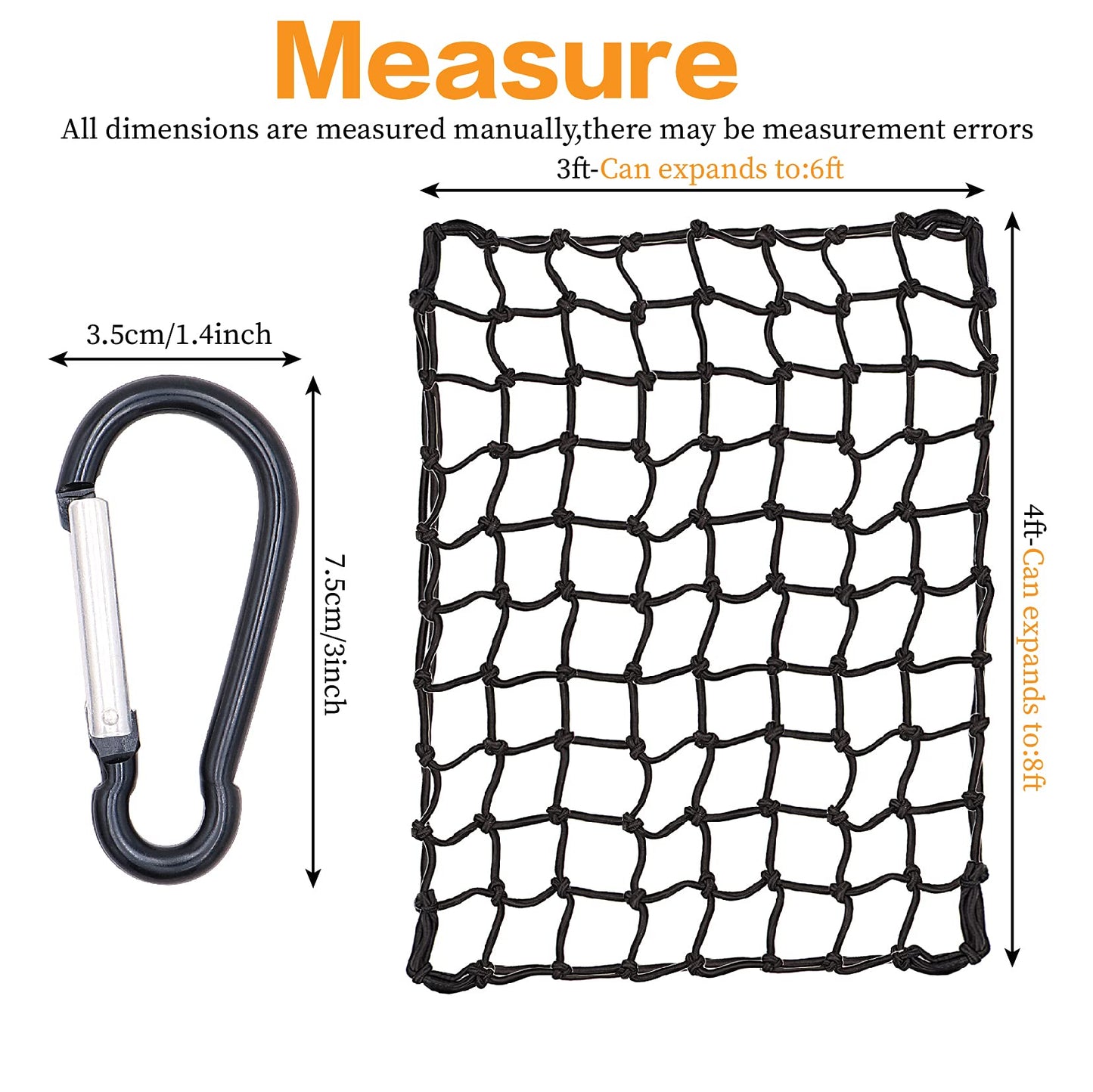 Cargo Net for Pickup Truck Bed - 3x4ft Super Duty Cargo Net for Roof Rack Truck Bed with 6x8ft Max Size, 4”x4”Latex Bungee Net Mesh Holds Small and Large Loads Tighter