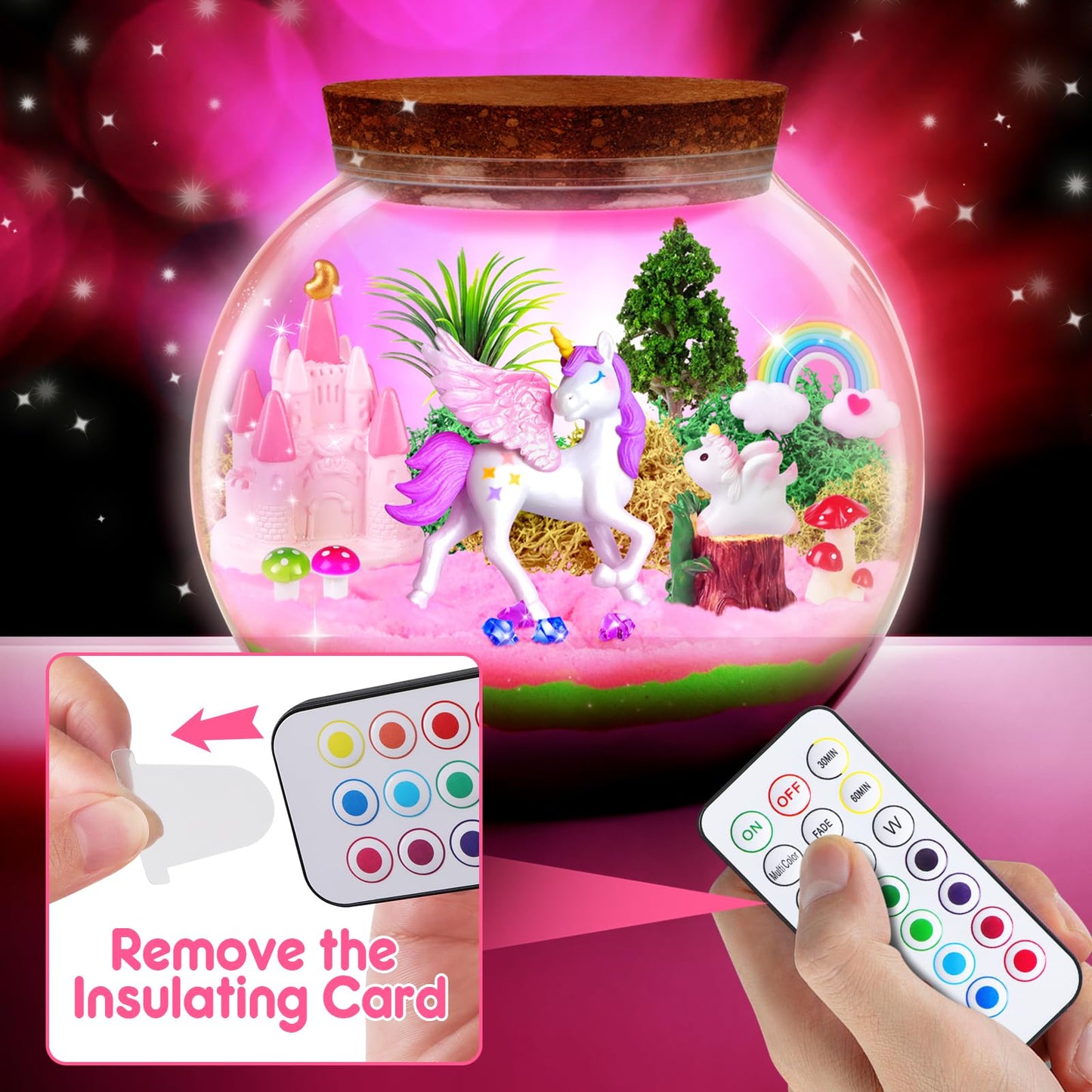 RONSTONE Light-Up Unicorn Terrarium Kit for Girls – DIY Arts & Crafts Gift with Remote-Control LED Light – Fun Unicorn Toys for Kids Ages 4 5 6 7 8 9 10 – Birthday for Girls