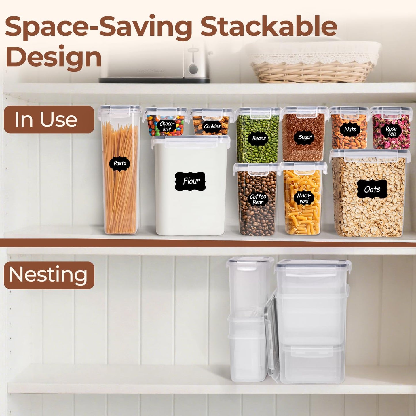 ComSaf 11 Pcs Large Pantry Storage Containers (Up to 5.2L/4.3L), Airtight Food Grade Plastic Kitchen Organizers with Lids & Labels for Flour, Cereal, Pasta, Sugar, Stackable
