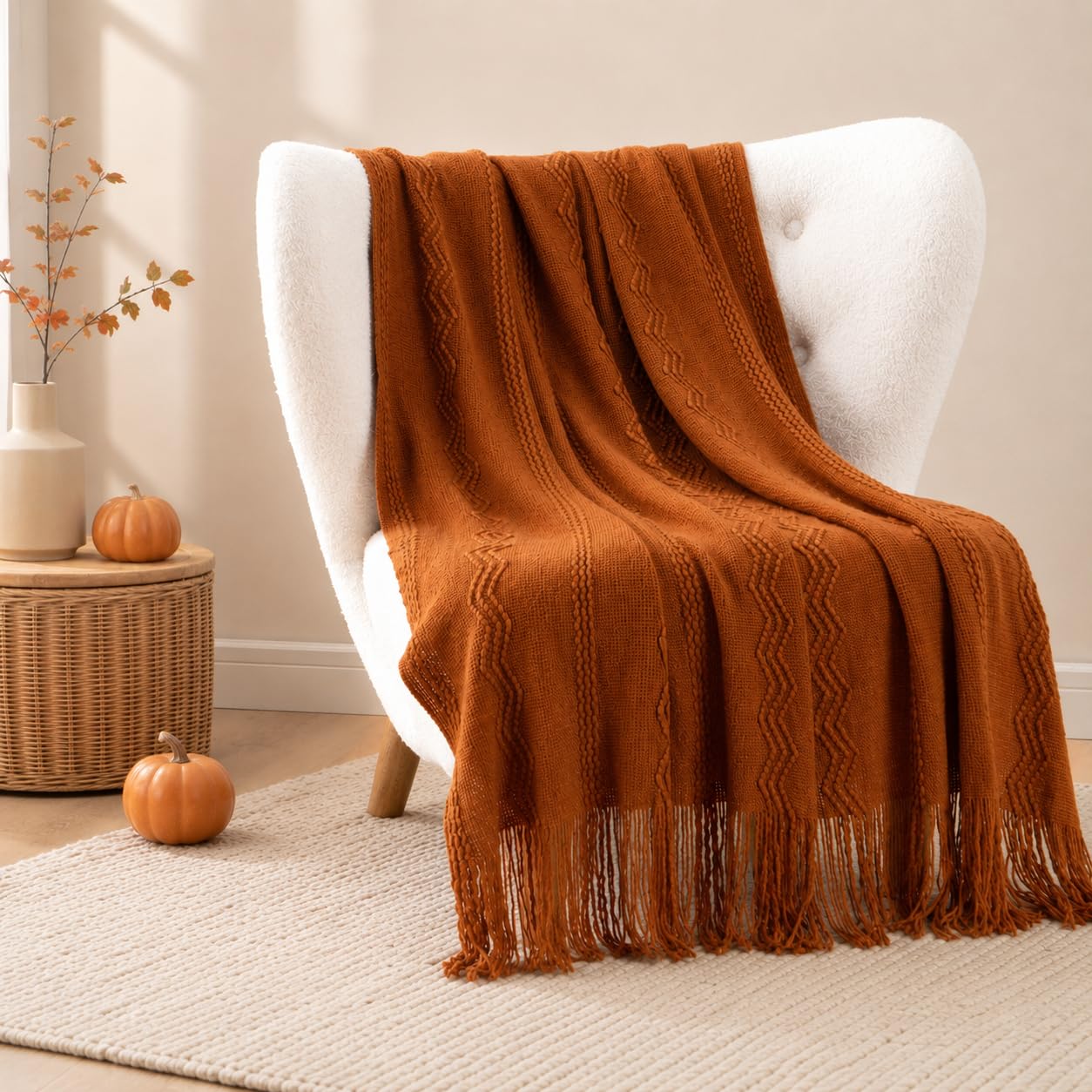 BATTILO HOME Caramel Throw Blanket with Fringe Geometric Bed Throws Spring Decorative Large Throw for Couch Sofa Indoor Outdoor (Caramel, 50 inch x60 inch )