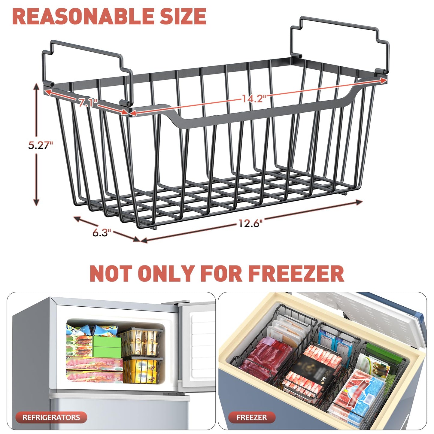 Goovilla Freezer Organizer Bins with Foldable Handle, 4 Pack Stackable Freezer Baskets for 3.5-7 Cu.FT Deep Chest Freezer Organization, Coated Metal Freezer Storage Bins with Better Space Utilization