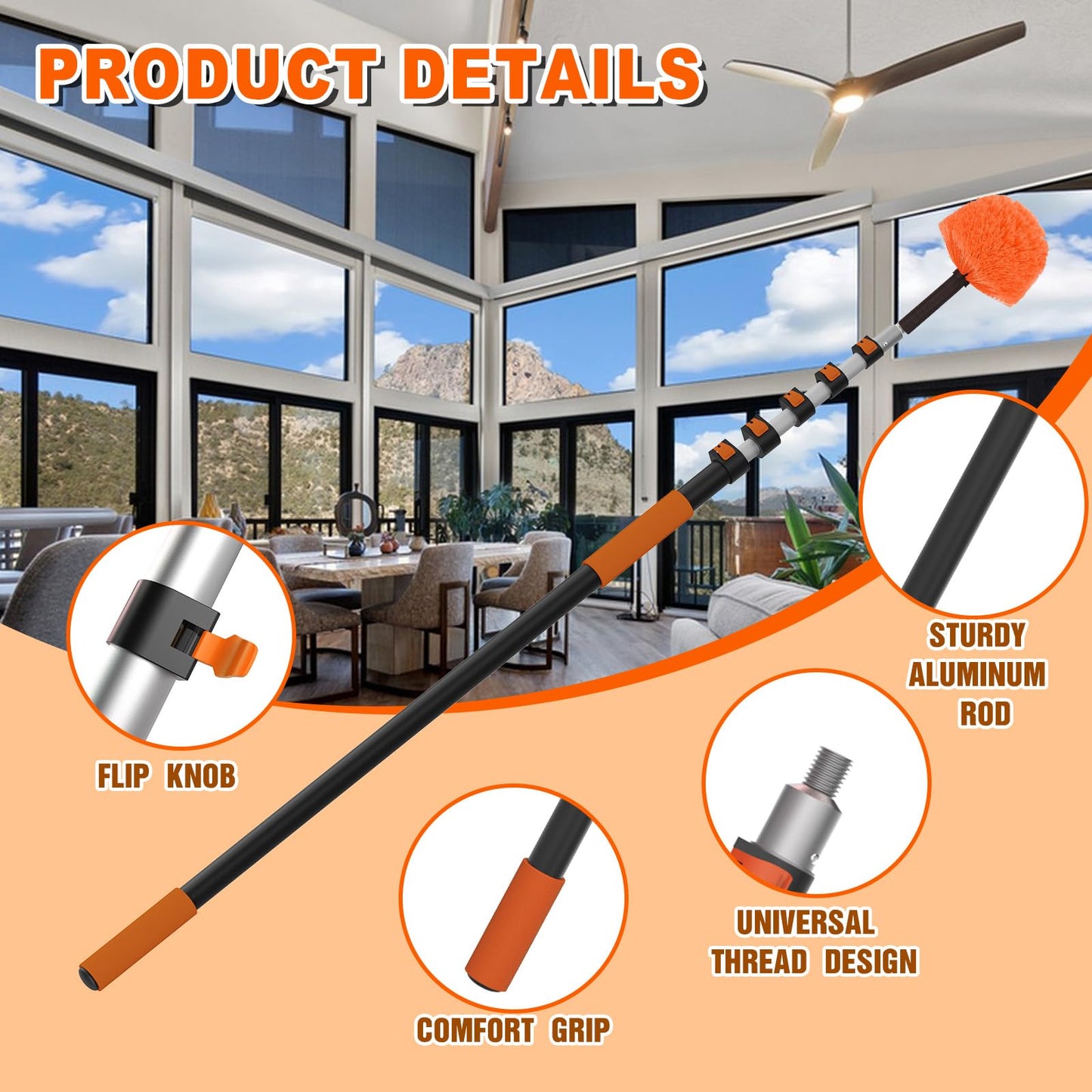 SISUPASSIE 30FT Reach Cobweb Duster with Extension Pole, High Ceiling Long Duster with 5-24FT Telescoping Pole, Spider Web Brush for Indoor Outdoor Use