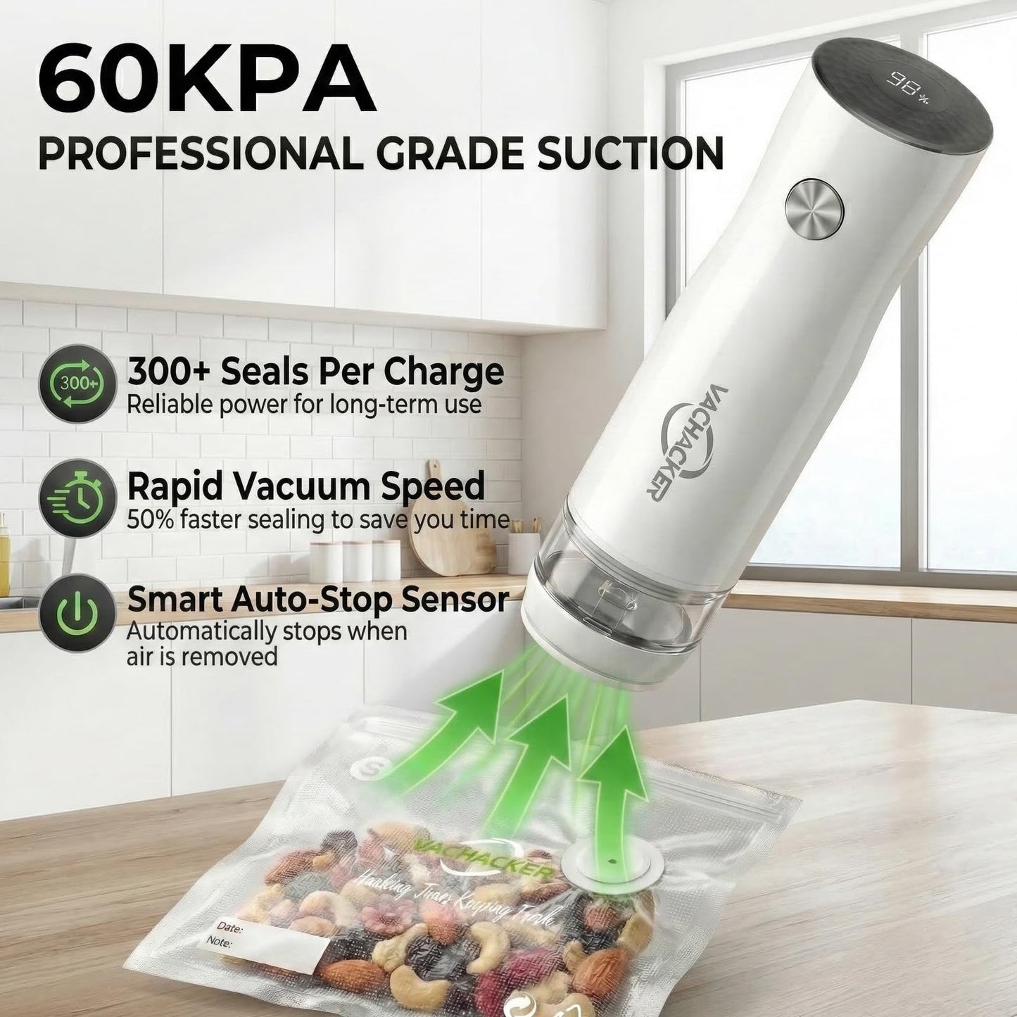 Vachacker Handheld Vacuum Sealer Kit for Food Storage - Compact Vacuum Sealer Machine with 30 Reusable Bags，Portable Rechargeable Food Saver for Sous Vide, Meal Prep & Freezer Storage
