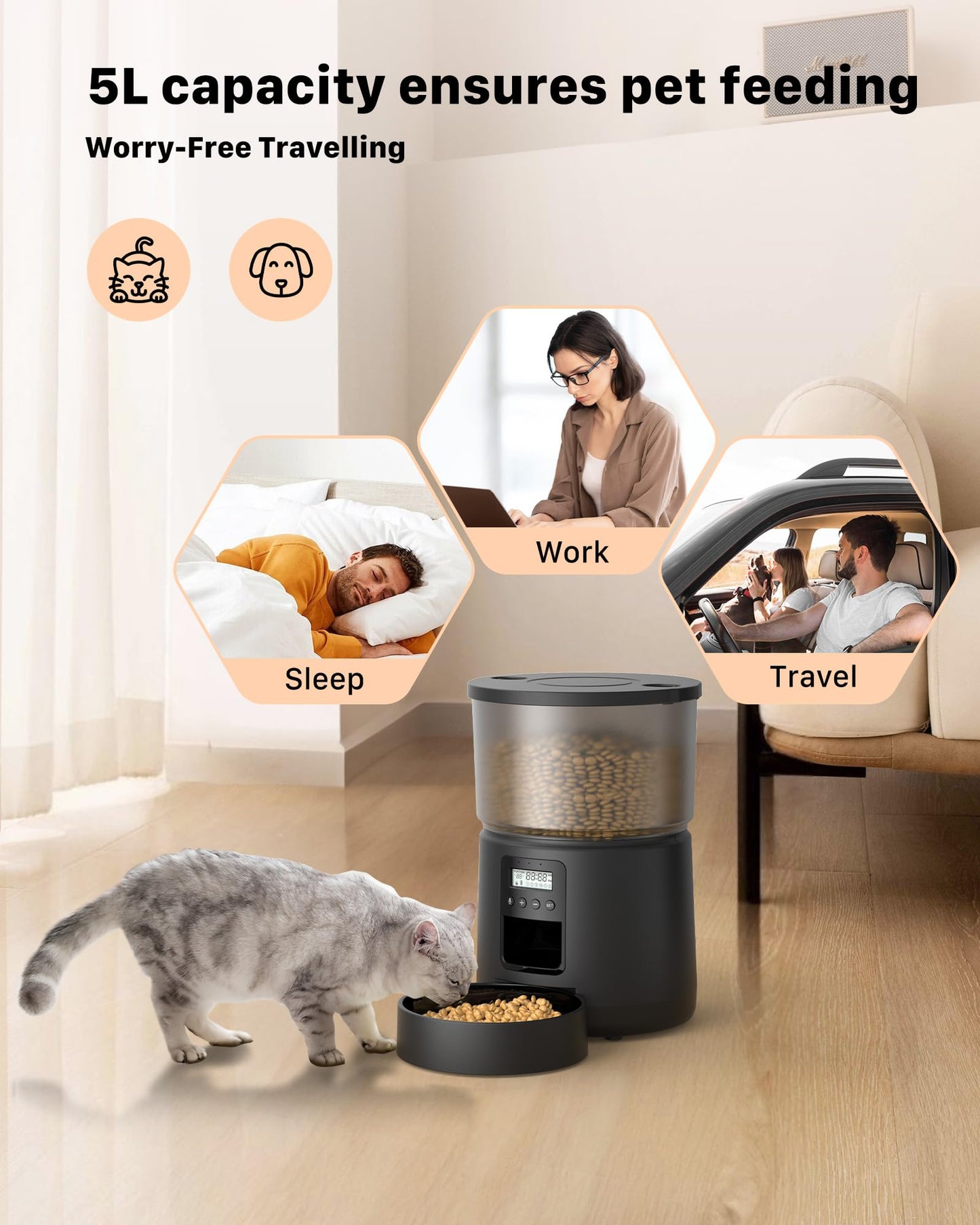 BEMOONY Automatic Cat Feeder 5L, Cat Food Dispenser with 1-6 Meals, Customized Feeding Schedule for Cats & Dogs, Dual Power Supply, Double Lock, 10s Voice, 3L Cat Feeder Including Desiccant Bag