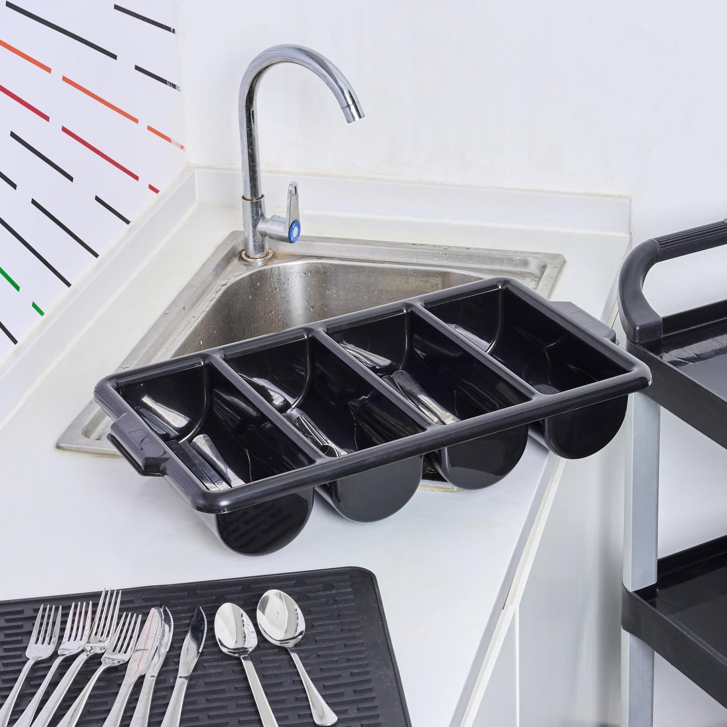 Restaurantware-21.9 x 14.2 x 3.5 Inch Silverware Organizer, 1 Crack-Resistant Cutlery Tray - 4 Compartments, Built-in Handles, Black Plastic Utensils Drawer Holder, for Kitchen Organization