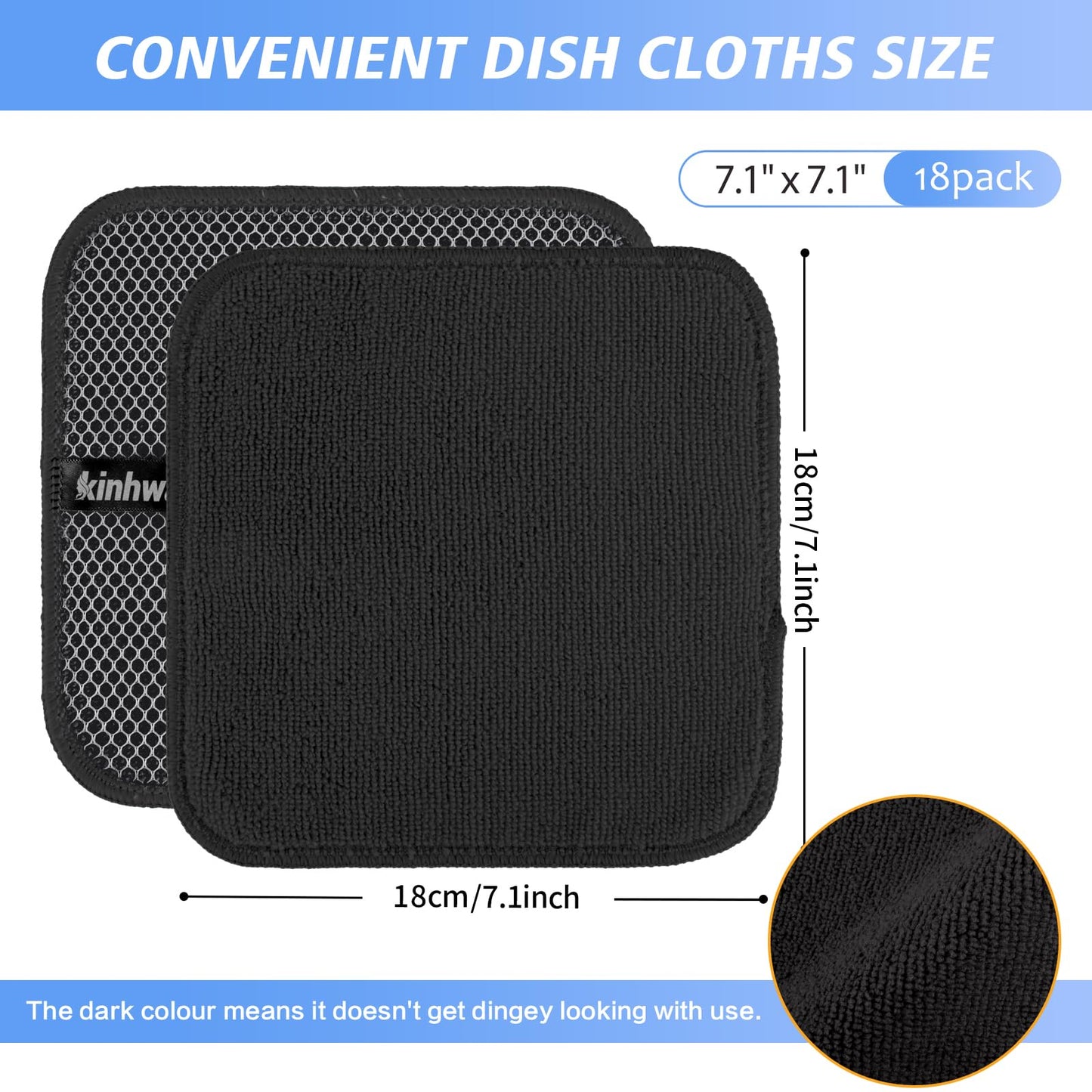 KinHwa Microfiber Dish Cloths Super Absorbent Kitchen Wash Cloth Dish Rags for Washing Dishes Fast Drying Cleaning Cloth with Scrub Side (Black, 7inchx7inch 18pc)