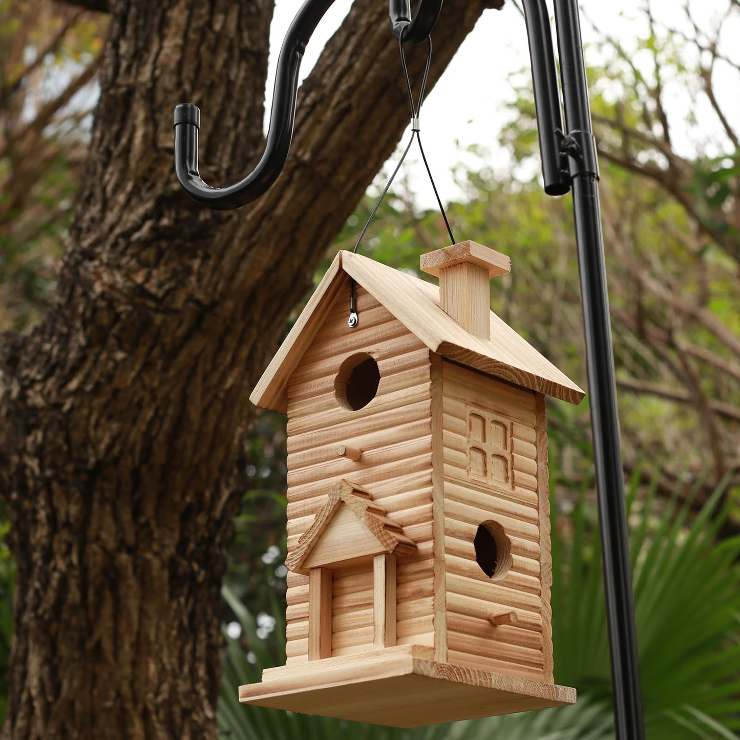 Wooden Bird House Outside Hanging, Carved Window Decorations, Outdoor Birdhouses 2 Hole